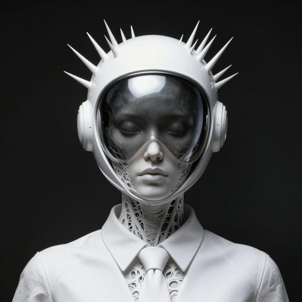 Hyperrealistic digital art portrait of a humanoid figure centered in a minimalistic composition. The figure wears a sleek, polished space helmet with a reflective visor and a crown-like structure featuring numerous sharp, needle-like protrusions radiating outward from the top of the head. The helmet’s surface is smooth yet subtly textured, catching light to reveal its metallic sheen. The figure’s neck is distinctly detailed, showing an intricate, cellular-like pattern of fine lines and small organic ridges that contrast with the rigid geometry of the helmet and suit. The white suit is perfectly formed, its fabric texture rendered with precise detail—smooth, woven, and perfectly structured—while a simple tie adds a touch of refinement to the ensemble. The background is a deep, uniform black or dark gray, eliminating distractions and focusing attention entirely on the figure. Subtle, diffused lighting from above casts soft highlights on the visor and helmet, enhancing their reflective qualities without creating harsh shadows. The monochromatic color palette consists of pure white, deep black, and muted grays, emphasizing contrast and texture. The overall atmosphere is one of mysterious wonder, blending futuristic technology with an otherworldly organic form to evoke a sense of intrigue and transcendence. The artwork is created with digital painting techniques that emphasize hyperrealistic detail, including lifelike skin tones, realistic fabric sheen, and precise lighting effects. The composition balances symmetry and minimalism, drawing the viewer’s eye to the figure’s intricate features and the interplay between organic form and mechanical precision.