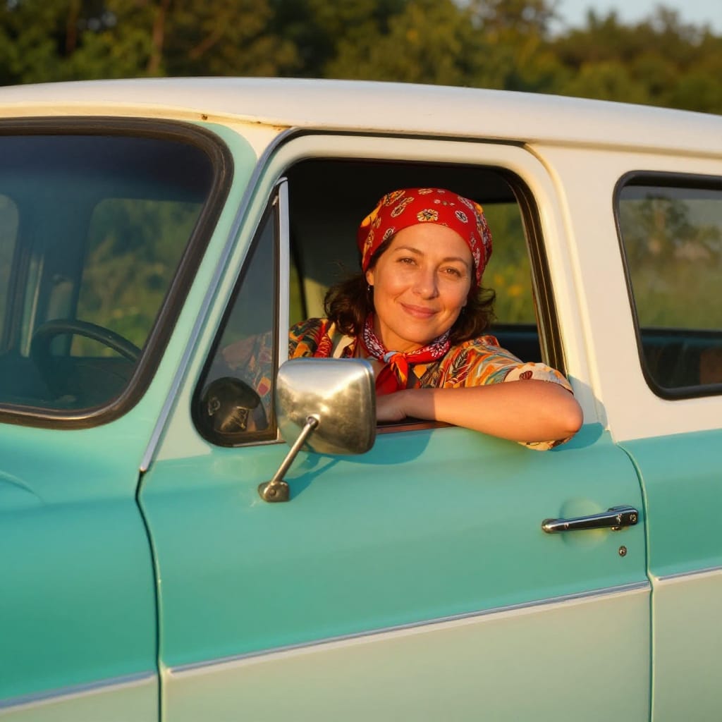 A mid-shot portrait captures a woman leaning out of the driver's side window of a vintage teal and white Chevrolet truck, her face partially visible with a relaxed smile. The scene is set outdoors in a rural setting, with lush green foliage framing the vehicle behind. Warm golden light from late afternoon or early evening bathes the landscape, casting soft shadows and highlighting the textures of the truck’s painted body and chrome details. The truck, a classic model with a retro aesthetic, gleams under the sun, its teal and white color scheme contrasting with the vibrant reds and yellows of the woman’s colorful bandana. Her patterned shirt adds a touch of playful charm, while her relaxed posture and content expression convey a sense of freedom and nostalgia. The composition follows the rule of thirds, placing the truck and woman at key intersections, with the background’s soft greenery creating depth. A standard lens captures the scene with natural perspective, emphasizing the warm tones of the light and the quiet, mellow atmosphere. The overall feeling is one of contentment and quiet joy, evoked by the golden light, the vintage charm, and the sense of a carefree moment captured in time.