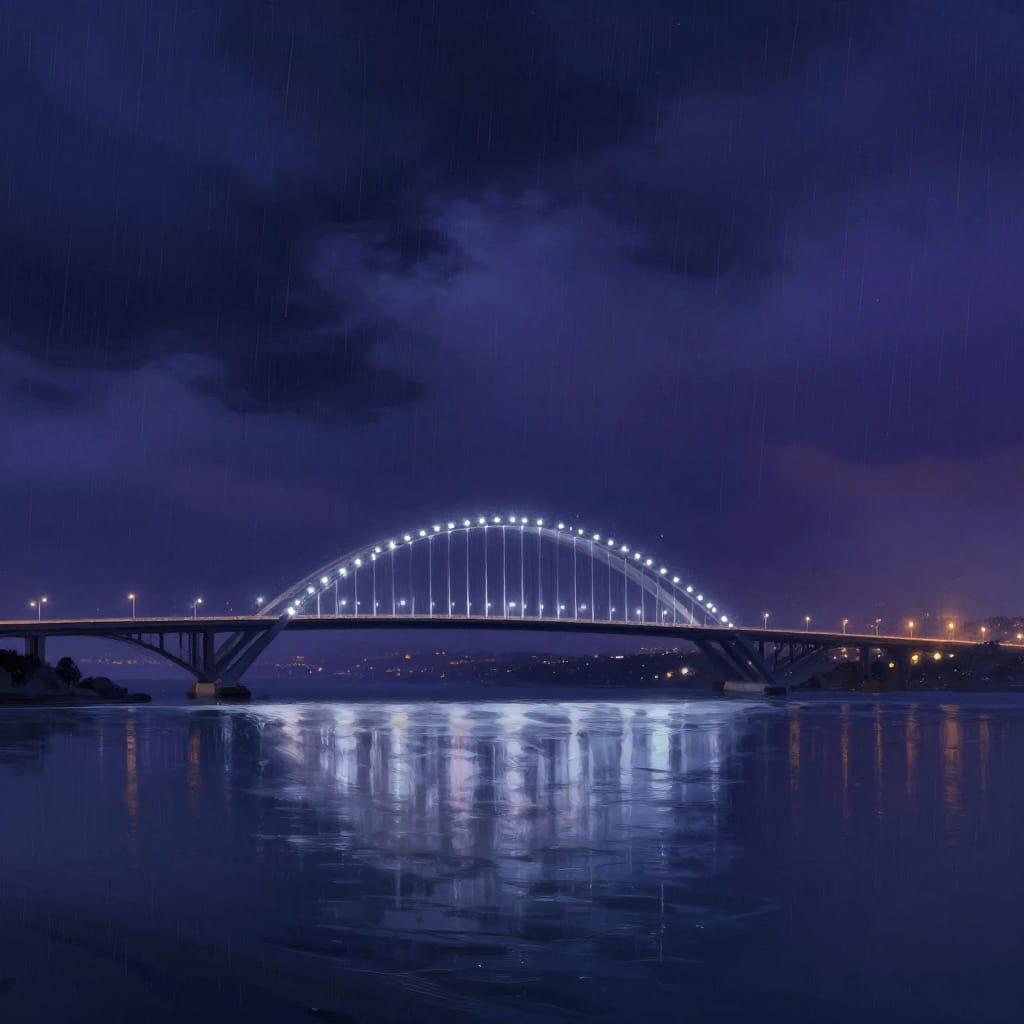 A digital illustration of a solitary bridge spanning a vast body of water under a dark, storm-laden night sky. The bridge is illuminated by vibrant strings of lights that cast sharp reflections on the surface below, creating a mirror-like image of the cityscape in the distance. The composition centers the bridge horizontally, with its arching structure and lights forming a luminous thread against the deep indigo and violet hues of the sky. Atmospheric perspective softens the city lights into warm glows that contrast with the cool tones of water and rain, which falls steadily from above, catching the light in delicate droplets. The brushwork is smooth and precise, emphasizing crisp lines in the bridge’s structure and subtle gradations in the water’s surface. The artistic style blends digital realism with painterly depth, focusing on the interplay of light, shadow, and reflection. The color palette is dominated by deep blues, purples, and silvers, punctuated by bright white highlights from the lights and a hint of warm amber from distant city glow. The overall atmosphere is serene yet mysterious, evoking a quiet melancholy as the bridge stands as a quiet sentinel in the storm-lit night.