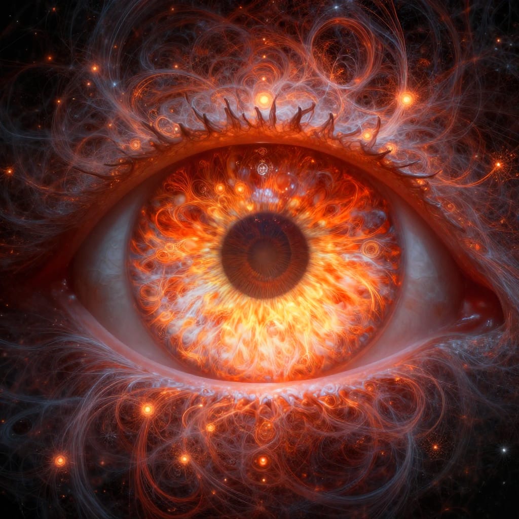 A hyper-detailed, close-up digital art rendering of an eye centered in a tightly composed frame, its surface textured with intricate organic lines and luminous nodes of orange, yellow, and red. The iris radiates a warm, pulsating inner glow that creates a luminous halo, while fractal-like patterns spiral outward from its circumference like celestial constellations. These patterns are composed of delicate, flowing lines interlaced with radiant nodes, forming a dynamic, layered design that fills the background in soft, ethereal gradients. The lighting is internal and ambient: the eye emits a rich, saturated orange and yellow light that contrasts with the cool, ambient radiance of the patterns, creating a striking interplay between warmth and depth. The color palette features deep reds in the core of the patterns, glowing oranges and yellows across the iris, and a soft black and white contrast that defines luminosity and shadow. The artistic style blends fantasy with surrealism, emphasizing symbolic form and intricate detail through digital brushwork, luminous gradients, and organic abstraction. The overall feeling is otherworldly and captivating—mystical, powerful, and filled with a sense of ancient, arcane wonder, as if the eye holds the secret of a forgotten cosmos.