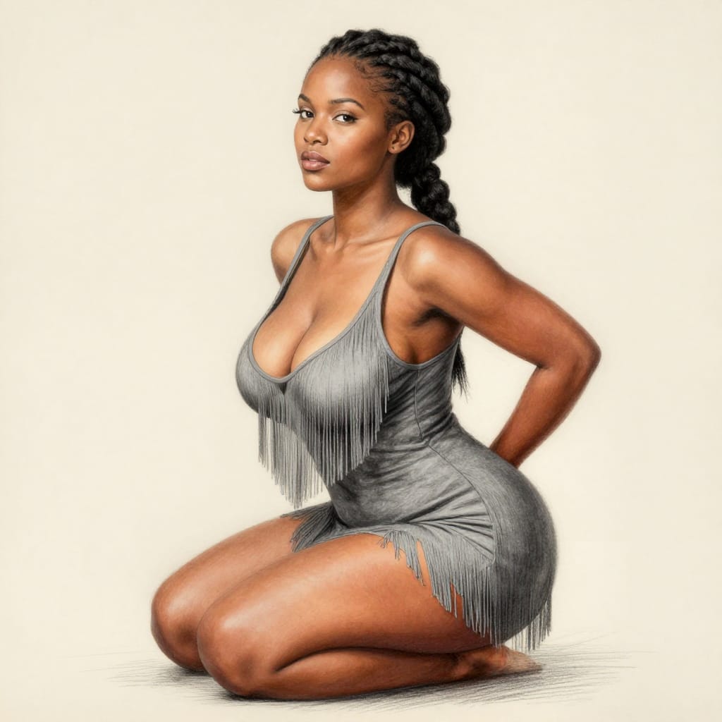 Counter Profile Shot of a 25-year-old South African woman, rendered in a pencil sketch style on smooth, slightly textured vintage paper. The subject features a slim waist, toned arms and shoulders, curvy hips, and an extremely large bust with strong cleavage and fantastical weight and shape proportions. Her Fishtail Braid hair frames her softly rounded eyes, which gaze gently forward. She wears a grey fringe mini dress with a backless, plunging cowl neckline that reveals her sideboob and upper thigh. Pose: Deep squat/crouch with hips back and knees bent, capturing dynamic movement. Lighting: Soft, diffused front lighting highlights her warm skin tones and subtle facial features. Color Palette: Muted grey dress with natural skin tones and faint pencil strokes on the paper. Artistic Feeling: Intimate, vibrant, and confident, evoking quiet strength and cultural pride through delicate line work and soft lighting.