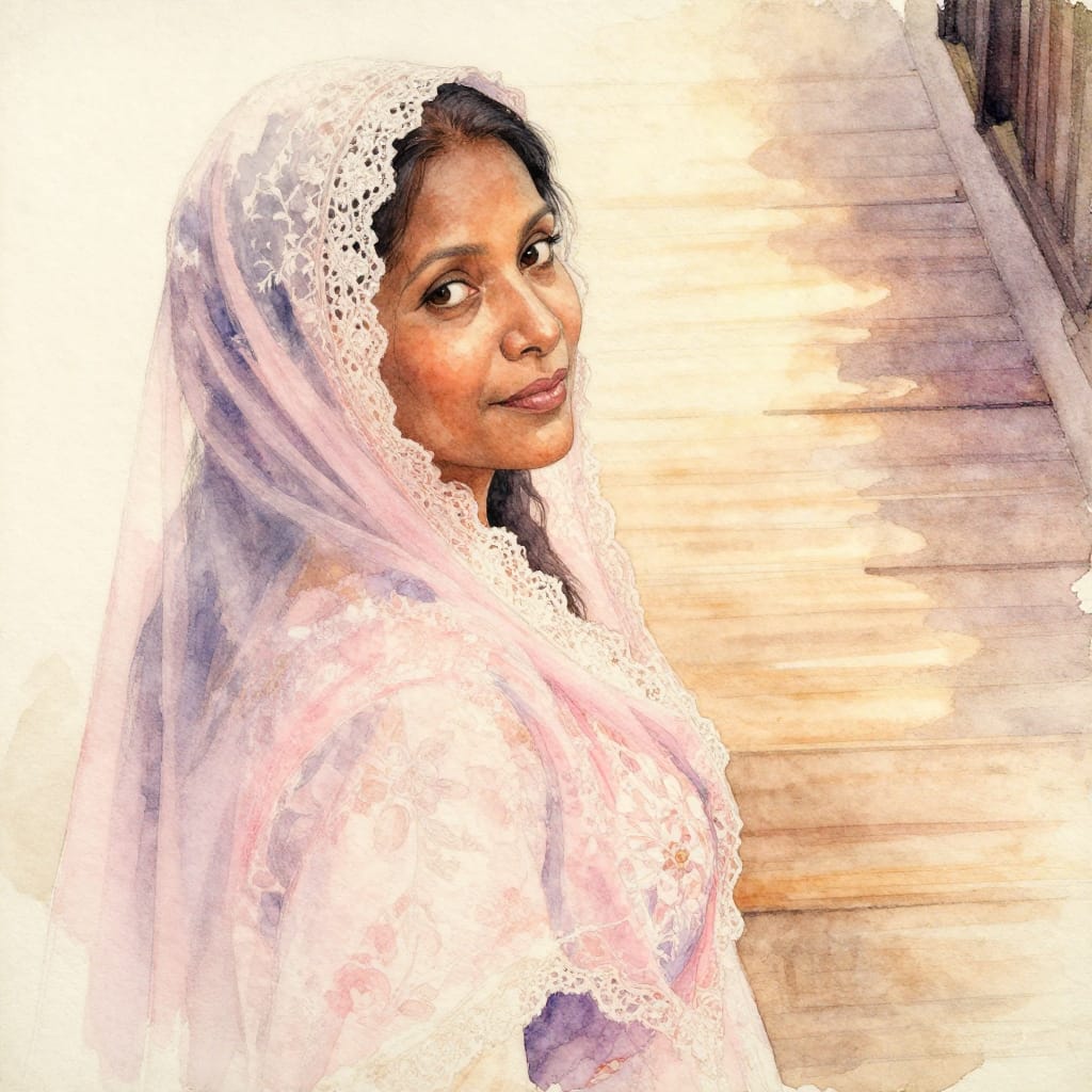 A high-angle ink-and-watercolor illustration of a 50-year-old Comoran woman with long, flowing hair and striking, expressive eyes, walking down a polished wooden aisle. Her face is turned slightly over her shoulder, framed by soft lace-trimmed fabric that catches the light, revealing delicate floral patterns on her gown. The composition is rendered in rich, layered washes of soft pastel tones—warm cream, blush pink, and muted lavender—with fine, expressive brushwork defining contours and textures. Aged paper surface adds a tactile grain, while subtle watercolor blurring enhances the dreamy atmosphere. Soft, diffused lighting from a golden hour source highlights her skin and hair, casting gentle shadows that deepen the emotional warmth. The overall feeling is nostalgic, intimate, and celebratory, evoking a timeless moment of quiet joy and pride in her heritage.