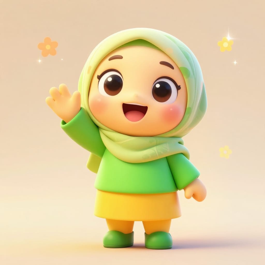 A cartoon character with large expressive eyes and a cheerful expression stands upright in a mid-shot composition, positioned slightly off-center according to the rule of thirds. The character waves with one hand, wearing a vibrant hijab with flowing patterns, a bright green top, and a sunny yellow skirt with matching green shoes. The simple neutral background features small, colorful flowers and sparkling particles that add a whimsical touch. Neutral lighting bathes the scene evenly, creating soft highlights on the character’s face and clothing without harsh shadows. The lens type is standard or slightly wide-angle, capturing the character in clear detail with subtle depth. The scene is still, with no motion, emphasizing the character’s joyful presence. The warm color palette of yellows, greens, and oranges radiates positivity and warmth, evoking a lighthearted, inviting atmosphere. The overall feeling is one of pure happiness and playful energy, enhanced by the character’s exaggerated features and bright, inviting details.