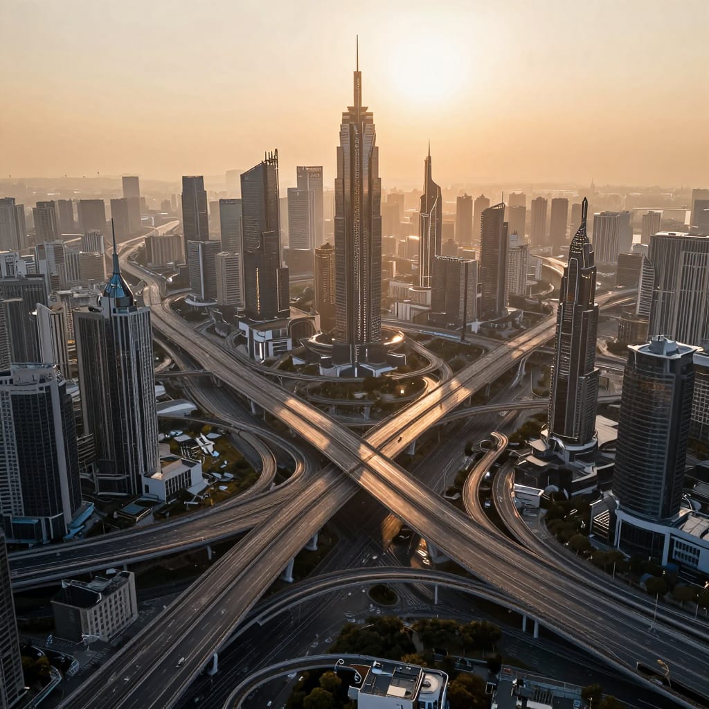 A wide-angle wide shot captures a futuristic cityscape dominated by an elaborate network of highways and towering skyscrapers under the warm glow of sunrise or sunset. The scene follows the rule of thirds, with skyscrapers occupying the top third and highways weaving through the middle third in a complex, interlocking web. The atmosphere is dramatic and futuristic, defined by the interplay of light and shadow that creates depth across the urban expanse. The warm, golden sunlight bathes the city in a soft, radiant glow, casting long shadows from the spiky, ornate skyscrapers and illuminating the intricate highways with a shimmering quality. The skyscrapers are sleek and modern, their forms punctuated by decorative spires and glowing conduits that suggest advanced technology. The highways are digitally rendered with exceptional detail and complexity, their paths intersecting at multiple levels in a chaotic yet harmonious dance of motion. The wide-angle lens exaggerates the scale of the scene, emphasizing the vastness of the city and the intricate web of its infrastructure. The color scheme is neutral, with warm amber and gold tones dominating the sky and buildings, creating a serene yet dynamic contrast against the cool, shadowed edges of the structure. The scene is still, yet the sense of movement is palpable through the layered highways and the towering skyscrapers that seem to pulse with energy. The overall feeling is one of chaotic order—a futuristic metropolis where innovation and complexity converge in breathtaking visual harmony.