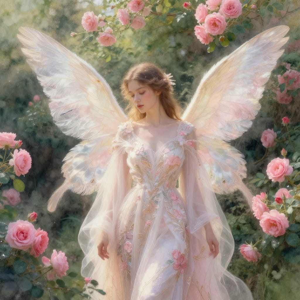 A romantic and ethereal figure with delicate, feather-like wings stands centered in a lush, natural outdoor garden setting. The subject is dressed in a flowing, ornate gown of soft satin or silk, adorned with intricate hand-embroidered floral patterns and subtle metallic thread detailing that catch the light. The gown flows gracefully around the figure’s shoulders and hips, creating a sense of movement and grace. The wings, rendered in fine, feathery texture with soft edges, appear to be made of real feathers, suggesting a celestial or divine origin. The figure’s expression is serene and gentle, conveying quiet joy and connection to the natural world. The background is a symmetrical arrangement of vibrant pink roses, their petals glistening with dew under soft, diffused natural light that filters through a canopy of green foliage. The lighting creates gentle highlights on the gown’s fabric and the wings’ feathers while casting soft shadows that enhance depth without harshness. The color palette is dominated by soft pinks (roses), delicate whites (fabric), rich greens (foliage), and warm golden tones from sunlight. Subtle metallic accents in the embroidery add depth. The composition balances symmetry and organic flow, drawing the eye from the subject’s wings toward the blooming roses that frame her. The overall atmosphere is one of tranquil beauty, where nature and spirituality merge in a harmonious, romantic vision. The artwork is created on a high-resolution digital canvas with layered depth, blending watercolor textures for softness and oil painting precision for detail in the subject’s gown and feathers. The style is romantic realism with impressionist brushwork in the background foliage and luminous lighting that evokes a dreamlike, ethereal quality. The figure’s delicate features are rendered with soft, luminous tones, while the floral embroidery and metallic thread add intricate, tactile richness to the scene. The overall effect is one of serene harmony between human form and natural wonder, bathed in golden light and soft shadows.
