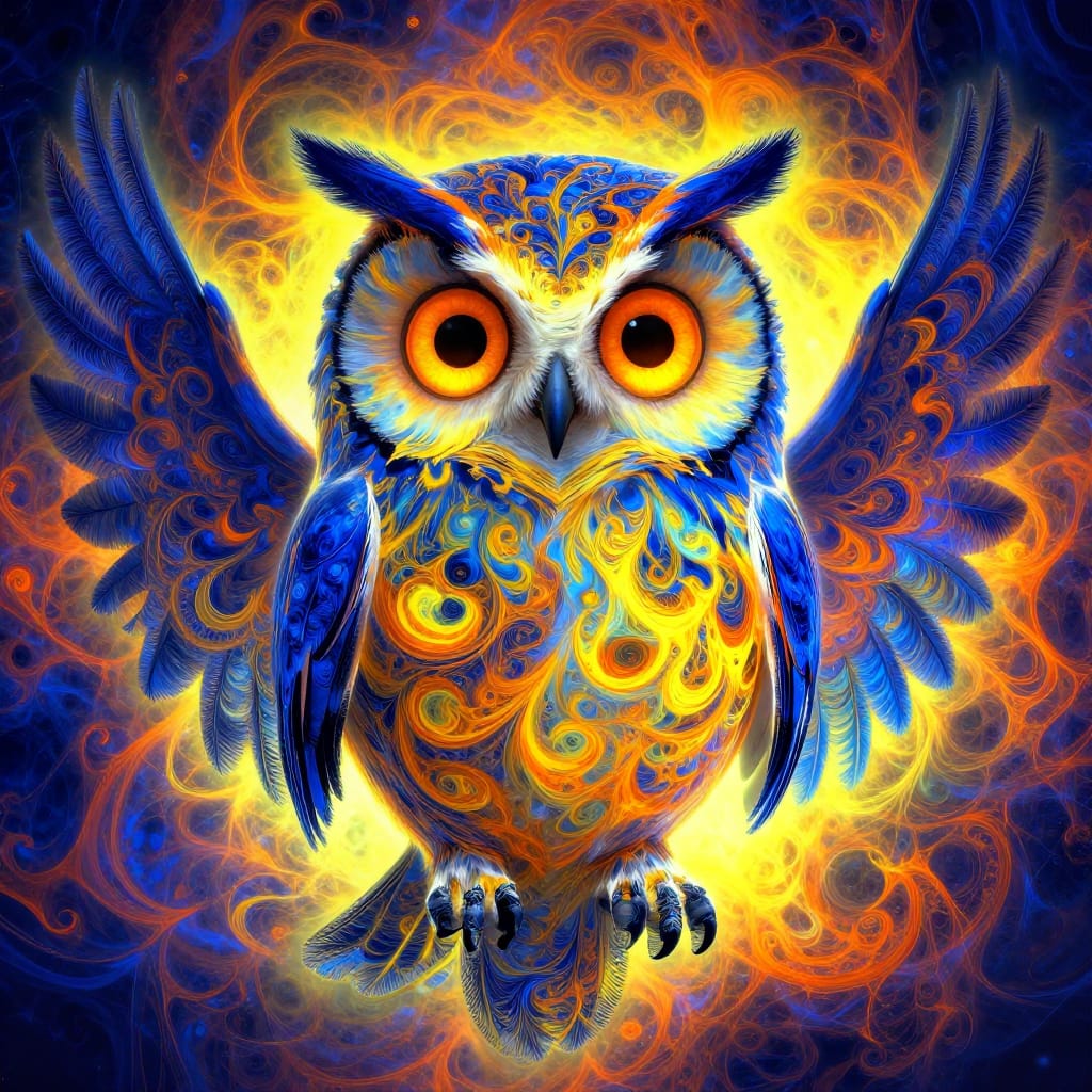 A digitally rendered owl in fractal art style, centered on a vibrant digital canvas. The creature features exaggerated, cartoonish features: large, round, luminous orange eyes with a dreamlike glow suggesting surprise or curiosity. Its feathers are composed of intricate, swirling patterns of deep blue, radiant yellow, and fiery orange, forming a dynamic fractal-like texture that pulses with life. The owl’s wings are wide and expansive, their edges dissolving into abstract forms of light and shadow. The body is softly outlined in black and white, adding contrast to the vibrant colors. Composition is balanced with the owl occupying the central frame, its form filling the space with a sense of playful dominance. Lighting is even and ambient, creating a uniform glow that enhances the surreal quality without harsh shadows. The color palette dominates with deep blues, bright yellows, and warm oranges, accented by crisp black outlines and subtle white highlights on feathers. The overall feeling is eerie yet enchanting, evoking a sense of wonder through its whimsical design, intricate patterns, and vivid, dreamlike palette.
