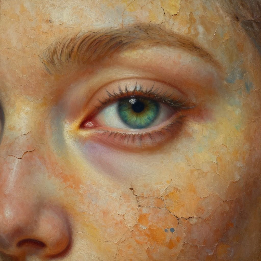 A close-up painting of a woman's face rendered in oil on canvas, capturing the textured, cracked skin of her features with a fossilized, earthy pattern that mimics ancient stone and weathered earth. Her eye dominates the composition, rendered with lifelike detail—deep greenish-blue irises surrounded by intricate, organic eyelashes and delicate, naturalistic lines that suggest a living, breathing surface. The surrounding skin exhibits subtle cracks and veins, their textures enhanced by soft brushstrokes that mimic the tactile depth of aged parchment. The lighting is diffused and natural, casting gentle highlights across the eye and skin that reveal depth without harshness, creating a sense of quiet mystery. The color palette is earth-toned—warm yellows, oranges, and browns—balanced by the cool green of the eye and subtle blue undertones in the skin. The brushwork is deliberate and expressive, with thick impasto strokes that add dimensionality to the textures. The composition is tightly framed, drawing the viewer’s eye to the eye and its intricate details, evoking a surreal, nature-inspired aesthetic where human form merges with organic, fossilized beauty. The overall feeling is enigmatic and serene, blending realism with the dreamlike quality of surrealism.