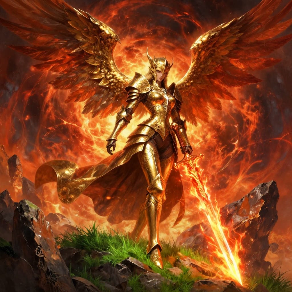 A detailed high fantasy digital painting of a female warrior angel standing on a rugged rocky landscape with patches of vibrant green grass. Her ornate gold armor glimmers under dynamic lighting, its intricate patterns and metallic sheen catching the fiery glow of the background. She wields a flaming sword that emits radiant orange and red sparks, its blade ablaze with intense light. Her large, delicate wings extend outward in a sweeping arc, framing the scene and adding to the grandeur of the composition. The rocky terrain below is textured with jagged peaks and deep crevices, while the fiery backdrop—a swirling vortex of molten orange and red—creates a sense of movement and intensity. The lighting is dramatic, with sharp highlights on the armor and sword contrasting with deep shadows in the folds of her robe and between the rocks. The color palette features rich golds, deep blacks, warm reds, and oranges, enhancing the epic and majestic atmosphere. The brushwork is detailed and textured, with fine gradients on the armor plates, smooth feathering on the wings, and subtle brushstrokes in the grass and rock surfaces. The overall feeling is one of powerful triumph, divine strength, and radiant energy.