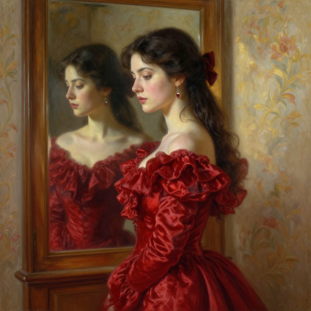 A meticulously detailed realism portrait of a woman rendered in oil on canvas, capturing her elegant and classical presence with lifelike precision. She wears a rich red silk dress with intricate ruffled sleeves that cascade gently around her shoulders, complemented by a delicate bow pinned in her dark hair and matching earrings that catch the light. Her face is softly illuminated by warm, natural daylight streaming through a wooden door, which frames her like a classical panel, while a mirrored wall behind her reflects her image with subtle distortion, enhancing depth and atmosphere. The canvas surface features a smooth, slightly textured finish that allows for fine brushwork in the fabric’s sheen and the delicate folds of her sleeves. The composition centers her figure with balanced symmetry, drawing the eye from the door’s frame to her poised posture and then to the mirror’s reflective glow. The color palette is richly warm, dominated by deep reds, golden highlights on her skin and hair, and soft creams that soften the background wall with its floral wallpaper. Lighting creates a luminous contrast between light and shadow, emphasizing her features and the softness of her dress while casting gentle highlights across her cheekbones and shoulders. The overall atmosphere is one of timeless elegance, sophistication, and quiet grace, enhanced by the classical composition, rich textures, and harmonious color interplay.