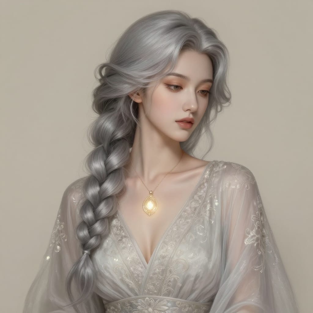 A digitally painted portrait of a woman rendered in exquisite realism with a touch of fantasy. She has long, wavy silver-gray hair styled in a flowing braid that cascades over her right shoulder, each strand individually rendered to catch soft light. She wears a detailed, light-colored dress with a deep V-neckline and intricate floral patterns that shimmer subtly under illumination. A delicate necklace featuring a central luminous pendant adorns her chest, adding a touch of whimsy. The subject is centered in the composition, slightly tilted to the right for dynamic balance, with a simple plain background that enhances focus on her figure. The lighting is soft and diffused, casting gentle highlights across her skin, hair, and dress while maintaining a warm, serene atmosphere. The color palette consists of soft beige, muted gray, and a subtle golden hue from the pendant, creating a harmonious and tranquil mood. The brushwork is highly detailed, with meticulous rendering of fabric texture, hair strands, and skin tone that evokes lifelike realism. The overall feeling is one of timeless elegance and quiet sophistication, where every element—from the hair to the necklace—contributes to a sense of refined beauty and understated grace.