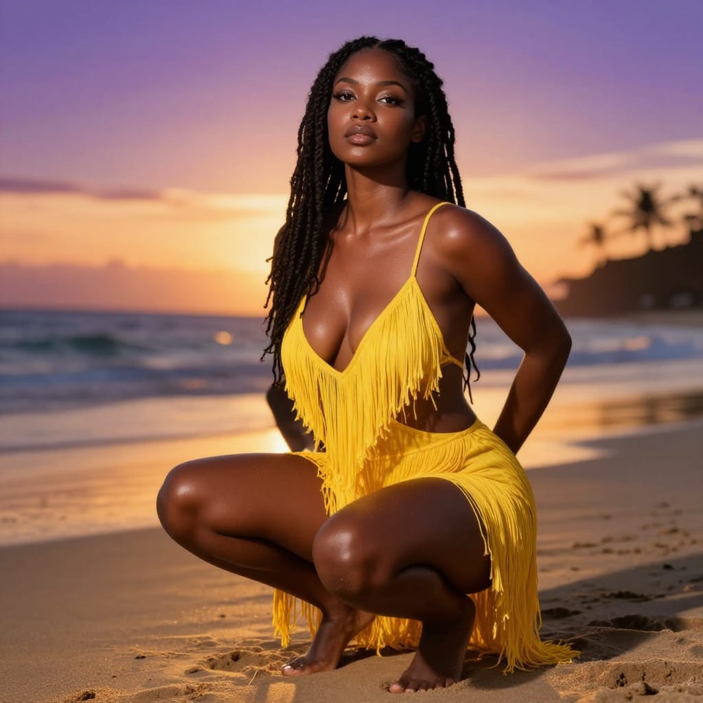 A hyperrealistic digital art portrait of a 25-year-old Jamaican woman, posed in a deep squat/crouch with hips back and knees bent, captured from a slightly above eye-level perspective. Her body is sculpted with athletic precision: a slim waist, toned arms and shoulders, curvy hips, and a very full, naturally rounded chest with strong cleavage. Her soft feminine face features defined jawlines, high cheekbones, and deep-set eyes with long, heavy-lidded gaze. She wears a vibrant yellow fringe mini dress with backless design, plunging cowl neckline, and extremely high side slits that reveal sideboobs and upper thigh. Her long faux locs frame her face, adding a touch of cultural elegance. The scene is set on a sun-drenched beach at sunset, with warm golden light casting long shadows across the wet sand. The background features rolling waves, distant palm trees, and a soft gradient sky transitioning from deep purple to fiery orange. The lighting is soft yet directional, creating a gentle backlight that highlights her silhouette against the horizon. The hyperrealistic rendering captures every texture: the smoothness of her skin, the subtle sheen of sweat on her forehead, the fine weave of the dress fabric, and the soft grain of the sand. The overall atmosphere is warm, serene, and sensual, evoking a sense of natural beauty and joyful confidence under the golden light of dusk.