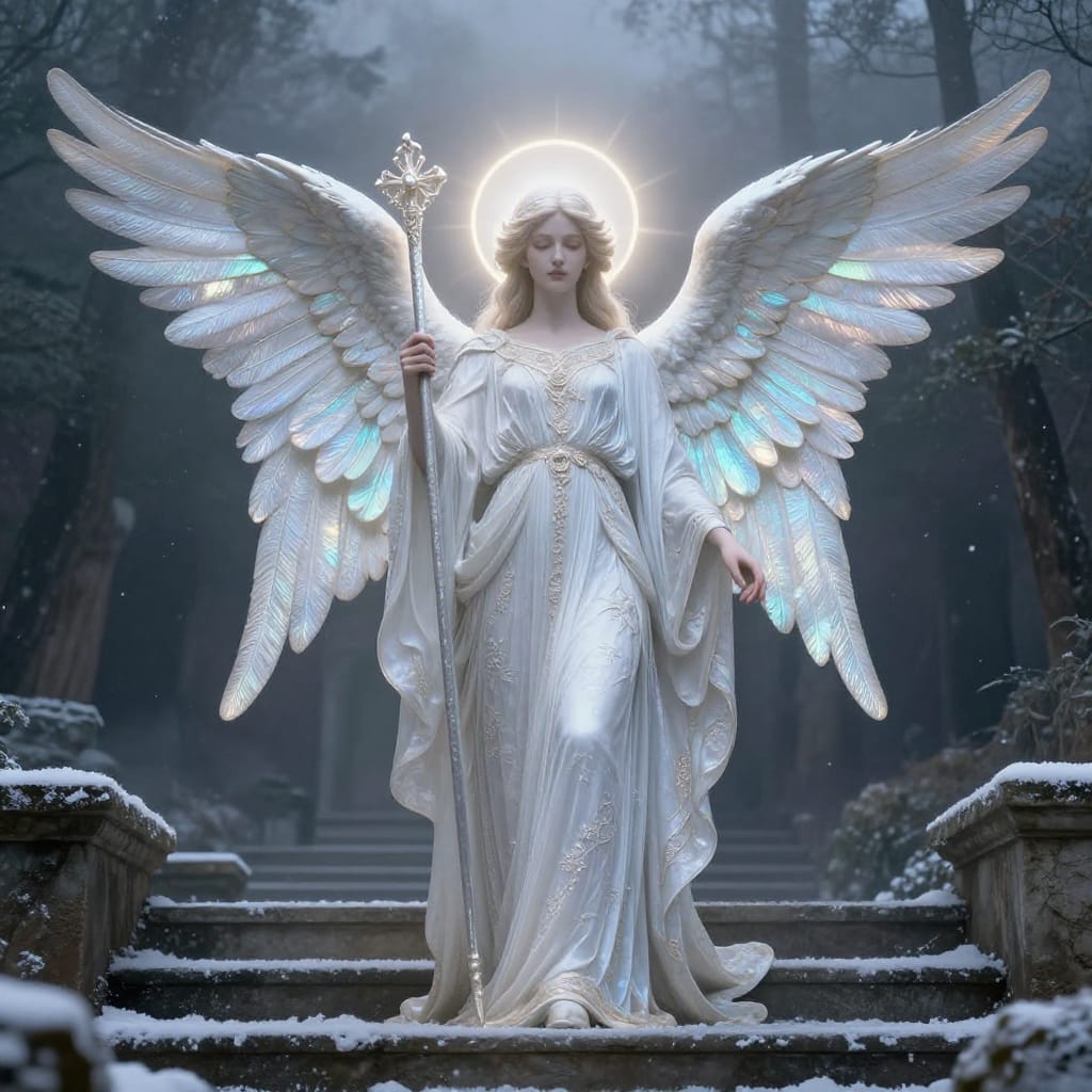 A meticulously crafted digital photograph of an angelic or mythological figure standing atop steps in an ancient outdoor setting. The subject, radiating serenity and solemnity, is depicted with large, intricately detailed wings that shimmer with iridescent texture, a radiant halo encircling its head, and a staff held aloft with graceful precision. The figure wears a flowing robe adorned with intricate floral patterns and subtle metallic threads, its fabric rendered with lifelike detail through digital enhancement. The composition centers the figure, placing it atop weathered steps that lead into a dark, muted background of fog-laden trees and distant mountains. Subtle, diffused lighting from above casts a soft glow, highlighting the figure's features and creating a luminous halo effect around the wings. Snow falls gently in the foreground and midground, adding motion and depth to the scene. The color palette features cool blues and whites against earthy browns and grays, evoking a serene, winter atmosphere. The image blends classical realism with digital manipulation to achieve hyper-detailed textures, including the fine weave of the robe, the delicate veins on the wings, and the subtle gradients of light on the snow. The overall feeling is one of grandeur and otherworldliness, where divine presence meets the quiet majesty of nature in a moment of stillness and reverence.