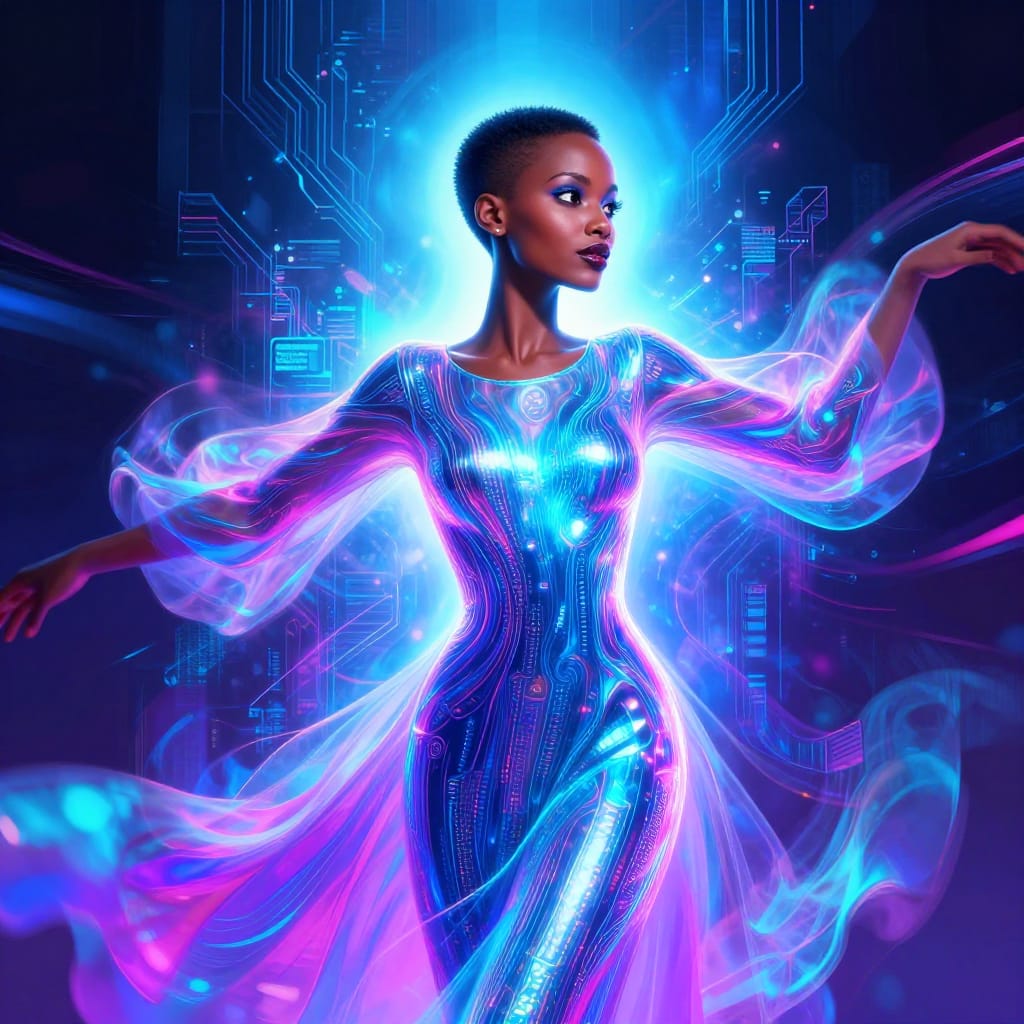 Counter Profile Shot of a 35-year-old Malagasy woman with short slicked-back undercut hair and large expressive eyes, twirling in a flowing, iridescent dress that shimmers with digital holographic patterns. The cyberpunk style illustration features neon gradients of electric blue, magenta, and cyan, layered with translucent overlays of circuitry and data streams. The composition captures dynamic motion as her arms extend outward, arms outstretched in a fluid pose. The lighting is dramatic, with a radiant neon glow emanating from behind her head and shoulders, creating a luminous halo effect. The surface is a high-resolution digital canvas rendered with smooth digital brushwork and sharp contour lines, emphasizing texture in her hair and dress. The overall artistic feeling is vibrant, futuristic, and electric, evoking a sense of technological wonder and timeless grace fused with cybernetic energy.