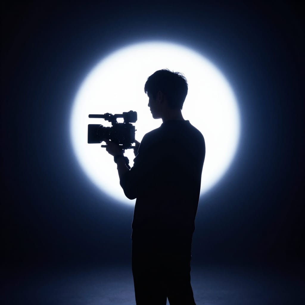 A mid-shot silhouette of a male figure standing in an indoor studio or dimly lit room, backlit by a powerful artificial light source positioned behind and slightly above him. The bright white light creates a dramatic halo effect around the subject, casting him in a bold silhouette against a deep black background. He is holding a large, professional video camera, its sleek body visible in the midground, suggesting a high-quality production setup. The composition follows the rule of thirds, placing the figure slightly off-center to the right, with the light source creating leading lines that draw the viewer’s eye toward the subject. The scene is still, capturing a moment of quiet anticipation and creative focus. The atmosphere is mysterious and focused, with a sense of suspense and artistic intent. The color scheme is dominated by cool tones—deep dark blues, blacks, and rich indigo—contrasted with the bright white light source that highlights the subject’s silhouette. The lens type is likely a standard or slightly wide-angle lens, capturing the figure in sharp detail while maintaining a natural perspective. The overall feeling is one of creative intensity and suspenseful stillness, evoking a sense of cinematic readiness and artistic focus.