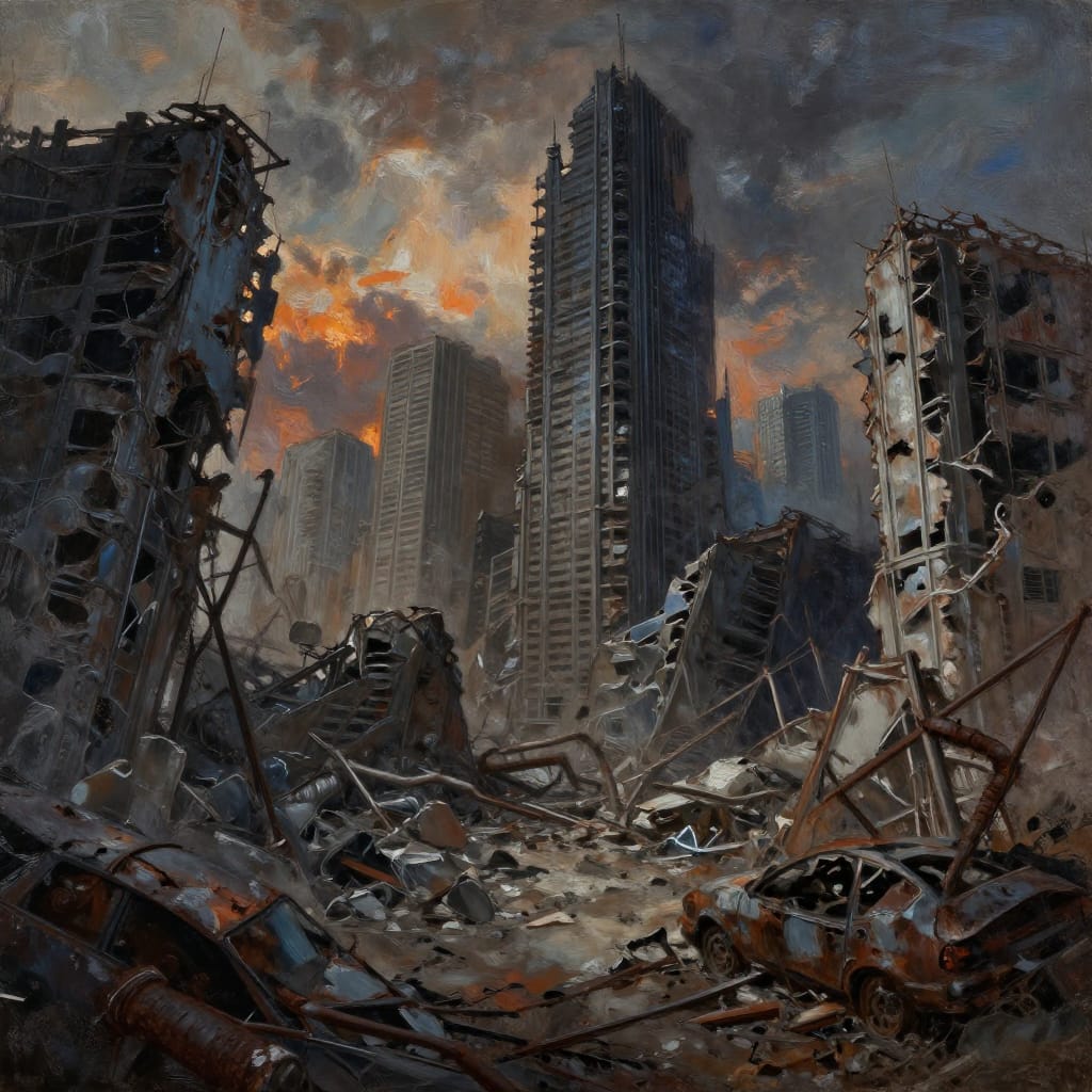 A post-apocalyptic cityscape rendered in digital painting on canvas, evoking a somber and dystopian atmosphere through intricate detail and dramatic lighting. The scene captures a futuristic metropolis reduced to ruins by an unknown catastrophe—skyscrapers lie shattered, their metallic frames twisted and draped with debris, while broken glass and scattered machinery litter the ground. The composition draws the view from the foreground, where scattered rubble and broken vehicles anchor the scene, upward through a dynamic perspective to the towering remains of the cityscape. The lighting is dramatic and natural, with a setting sun casting long shadows across the landscape and highlighting the texture of weathered metal, cracked concrete, and rusted pipes. The color palette is muted and earthy, dominated by grays, browns, and ochres, with subtle hints of burnt orange and deep blue in the sky, enhancing the desolate mood. The brushwork is sharp and detailed, with visible strokes that emphasize the texture of the ruins and the intricate patterns of decay. The overall feeling is one of melancholy and quiet destruction, a haunting testament to a once-thriving civilization now reduced to silence and shadow.