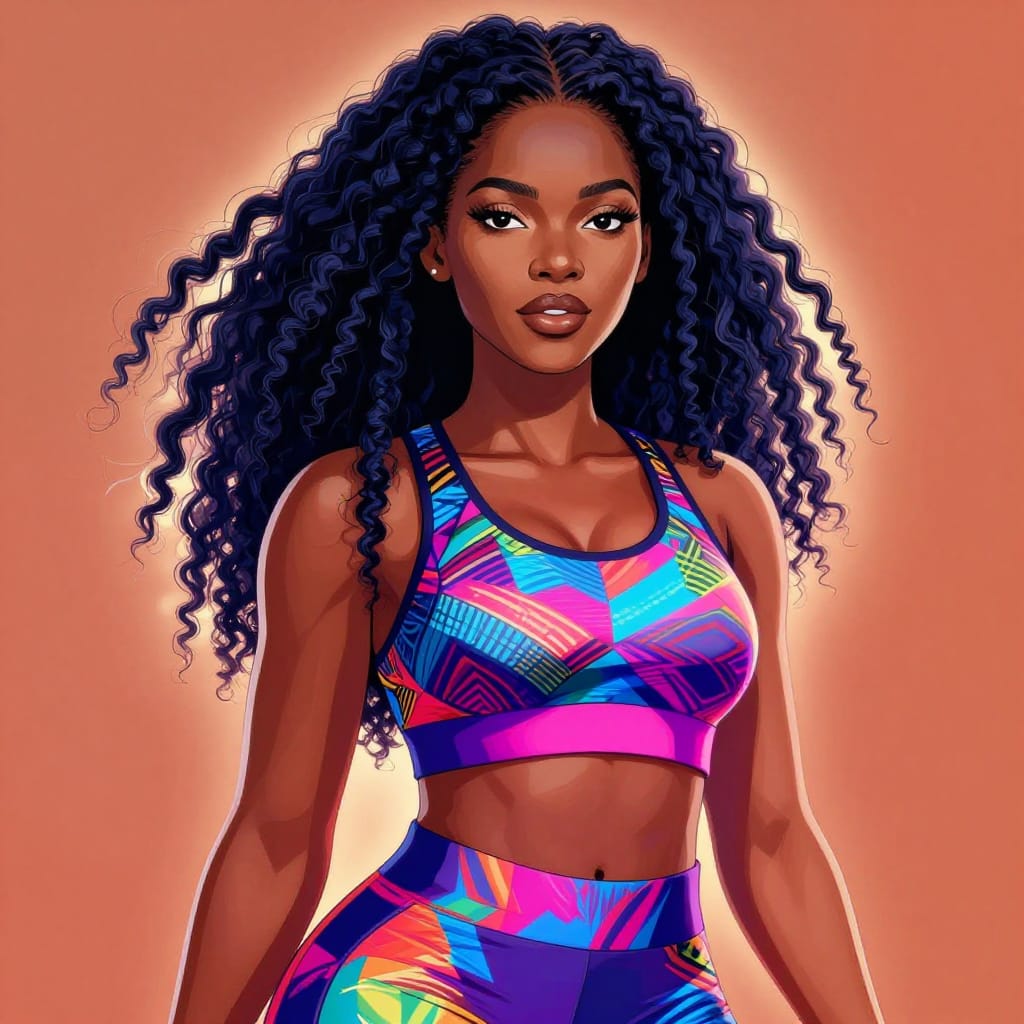 A vibrant anime-style digital illustration of a 45-year-old Sierra Leonean woman with medium-length Senegalese Twist hair cascading down her back, framed by delicate, textured strands that catch light. Her heavy-lidded eyes are deep and expressive, with subtle highlights that emphasize their intensity. She wears athletic wear—a fitted sports bra with bold geometric patterns and high-waisted leggings in a dynamic, multi-colored gradient. The composition is front-facing, with a soft, even backlight that creates a glowing halo around her hair and shoulders. The surface type is a high-resolution digital canvas rendered with precise vector detailing, where every hair strand, fabric fold, and facial contour is sharply defined. The color palette bursts with energetic saturation: warm terracotta tones for her skin, deep indigo for her hair, and vibrant electric blues and pinks in her athletic wear. The lighting is soft yet dramatic, casting subtle shadows that add dimension to her face and clothing. The overall artistic feeling is one of dynamic vitality and cultural pride, blending African heritage with anime-inspired energy through bold color, expressive anatomy, and intricate detail.
