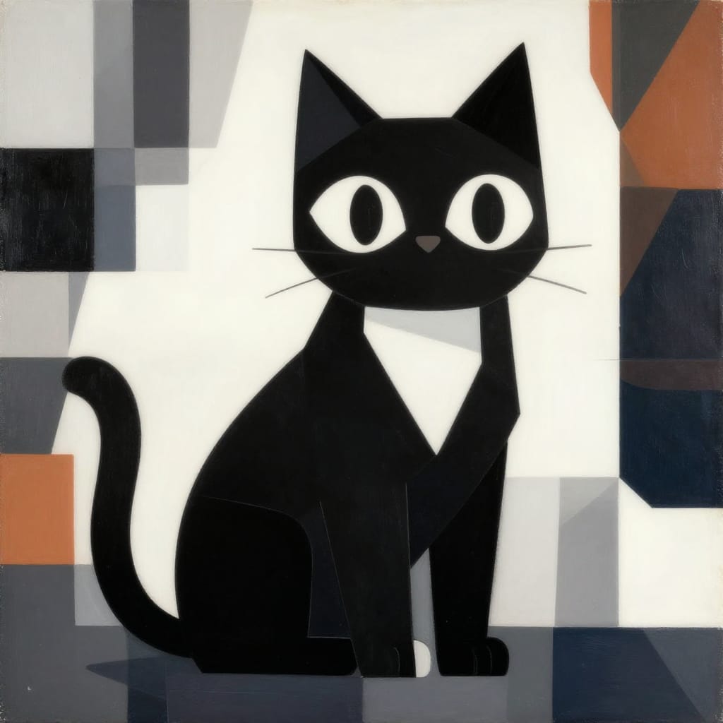 A stylized, geometric representation of a cat depicted in a black suit, rendered in digital art on canvas with sharp angular lines and minimalist color contrast. The cat features exaggerated, expressive eyes with large pupils and a bold, angular tail, creating a whimsical sense of playfulness. Its black suit adds a touch of sophistication, while its face is simplified into clean geometric shapes—square jawlines, triangular ears, and rounded cheeks. The background is abstract, composed of overlapping geometric shapes in black, white, gray, orange, and dark blue, arranged with deliberate symmetry to avoid clutter. The lighting is even and flat, emphasizing the two-dimensional quality of the artwork through a lack of shadow or depth. The limited color palette—black, white, gray, orange, and dark blue—creates stark contrast and a modern, stylized aesthetic. The composition balances the central cat with the abstract background elements, guiding the viewer’s eye to the expressive face and exaggerated features. The overall feeling is one of fun and sophistication, enhanced by a touch of surrealism through the fusion of geometric abstraction and animal charm.
