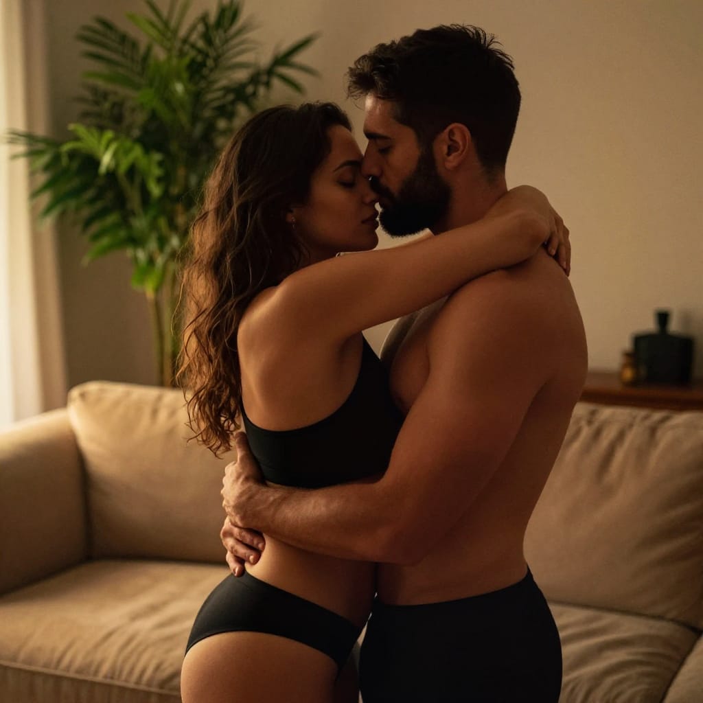 A close-up portrait captures a couple in an intimate embrace, positioned at the intersection of the rule of thirds to emphasize emotional connection. The man, shirtless and muscular with short dark hair and a full beard, holds the woman from behind, his hands firmly on her hips and lower back. The woman, wearing a sleek black sports bra and matching high-waisted underwear, wraps her arms around his neck, her long, wavy hair cascading over her shoulders. The scene unfolds in a warm-toned living room: a soft beige sofa fills the foreground, its fabric softly lit by ambient artificial sources that cast a golden glow across the couple. A lush green plant stands in the midground, adding depth and organic texture to the composition. The wide-angle lens captures the intimate proximity of their bodies while preserving the subtle details of their expressions—eyes closed in shared passion, lips slightly parted. The lighting is soft yet directional, creating gentle highlights on their skin and a warm contrast between the light and shadow. The color scheme is rich in warm neutrals: the beige sofa, the deep black of the sports bra, and the vibrant green of the plant. Together, these elements evoke a feeling of deep intimacy, emotional warmth, and tender connection.
