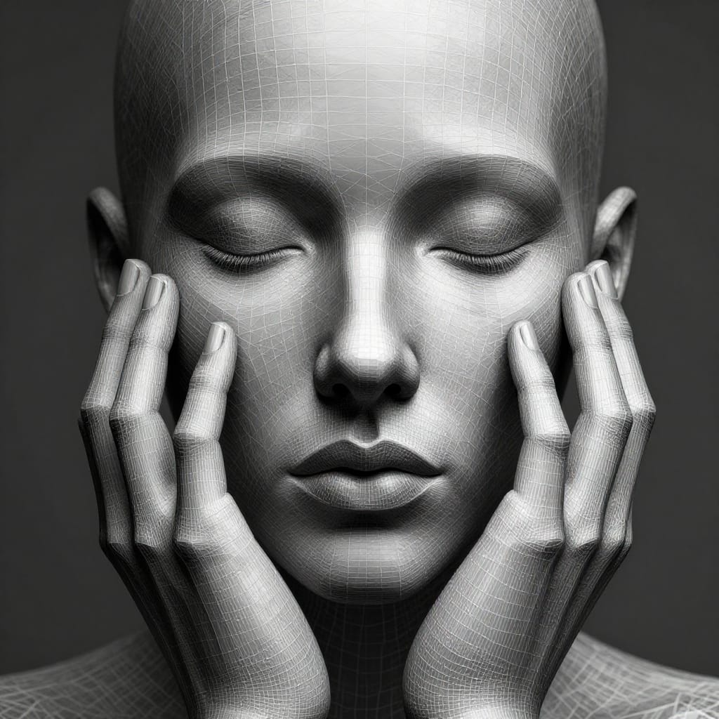A digitally rendered illustration of a person’s face, with hands covering the cheeks, depicted in intricate geometric patterns resembling a wireframe or mesh. The subject is rendered in monochromatic grayscale, emphasizing tonal gradations that create a richly textured surface. The artistic style is geometric realism, where precise lines and angular forms intersect to form a three-dimensional illusion. The brushwork is highly detailed, with each geometric line meticulously constructed to produce a tactile, almost sculptural quality. The composition is focused on the face and hands, arranged symmetrically to draw the viewer’s eye to the central subject. Subtle, diffused lighting enhances the three-dimensional effect of the geometric lines, creating soft highlights and shadows that suggest depth without losing the monochrome integrity. The color palette is monochromatic with shades of gray ranging from deep charcoal to light ash, allowing tonal contrast to define form and space. The overall atmosphere is serene and contemplative, evoking introspection through the quiet intersection of organic human expression and precise geometric abstraction. The image feels mysterious and thought-provoking, as if capturing a moment of quiet revelation where art and technology converge in harmonious simplicity.