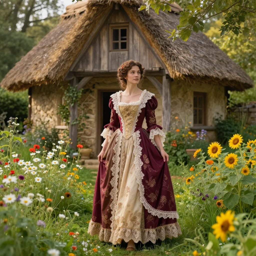 A woman in a historical or fantasy setting stands centrally in a sun-drenched garden, her ornate lace-trimmed dress rendered in exquisite detail with visible embroidery and soft folds. She is positioned before a rustic cottage with a thatched roof and overhanging eaves, its stone walls weathered by time and lined with wildflowers in the foreground—daisies, poppies, and sunflowers—blending seamlessly into the lush greenery surrounding her. The composition is balanced, drawing the eye from her figure to the cottage and garden beyond, with soft brushstrokes capturing the texture of her lace, the grain of the wooden eaves, and the delicate veins in the leaves. The lighting is diffused through a canopy of trees, casting gentle highlights and subtle shadows that enhance depth and dimensionality. The color palette is rich and harmonious, featuring deep burgundy, gold, and soft cream in her dress contrasted with vibrant greens and yellows of the flora, creating a warm, inviting atmosphere. The Romanticism style emphasizes emotional resonance and nature's quiet beauty, with detailed brushwork that renders every texture—from the glistening dew on petals to the woven lace—and a sense of timelessness evoking serene nostalgia and enduring charm through its intricate craftsmanship and atmospheric harmony.