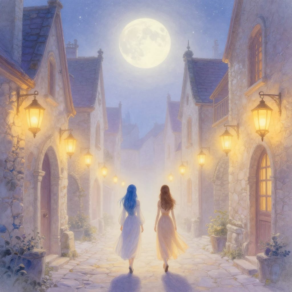 A serene and enchanting fairy tale scene rendered in a detailed digital illustration on smooth paper. The composition is balanced, with two women walking away from the viewer down a narrow cobblestone alleyway lined with weathered stone buildings adorned with hanging lanterns that glow softly in warm golden yellow light. The foreground features the figures: a woman with vibrant blue hair and a woman with earthy brown hair, both seen from behind, their silhouettes framed by the delicate architecture of the medieval village. The midground is defined by the textured stone walls, ornate archways, and a row of lanterns casting gentle light that illuminates the scene with a soft, ethereal glow. The background reveals a vast, luminous moon hanging high in a starry sky, its pale light diffused through the night air to create a dreamlike atmosphere. The lighting is soft and diffused, with highlights that catch on the lanterns’ glass and the moon’s surface, while shadows are deep but not harsh, enhancing the magical depth. The color palette is dominated by soft pastels—pale blues, creamy whites, warm yellows from the lanterns, and hints of lavender and cream in the sky and architecture. The brushwork is smooth and detailed, with fine strokes capturing the texture of stone, fabric, and light. The overall feeling evokes a sense of wonder and quiet magic, as if stepping into a timeless fairy tale world where light and shadow dance in harmony with nature’s quiet beauty.