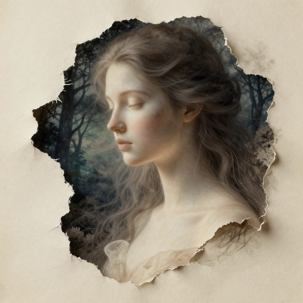 A detailed rendering of a woman’s bust emerging from a torn piece of paper, its delicate fabric texture and intricate creases captured with surrealistic precision. The subject’s upper body and face are rendered with soft, luminous contours, their features illuminated by a gentle, ethereal light that enhances a serene, contemplative expression. The background merges seamlessly into her form: a forest of trees silhouetted against a vast night sky, their branches and distant stars blending with the paper’s frayed edges to create a layered, dreamlike composition. The surface is paper, its organic grain and subtle imperfections adding tactile depth, while the digital art medium allows for precise brushwork—fine strokes in hair, soft gradients in skin, and delicate shading on the paper’s surface—creating a richly textured yet harmonious visual narrative. The lighting is soft and diffused, with no harsh contrasts, casting gentle highlights that glow softly across her features and the paper’s frayed edges. The color palette is dominated by neutral tones—creams, browns, and muted grays—evoking a somber yet reflective mood, punctuated by subtle hints of deep blue and emerald green from the distant trees and sky, adding depth and mystery. The overall atmosphere is one of quiet introspection and melancholic wonder, where the boundary between human form and natural world dissolves into a surreal, almost spiritual stillness.