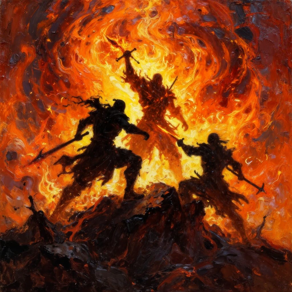 A bold oil painting on canvas depicting a dramatic fantasy scene of warriors on a rugged rocky outcrop, their forms silhouetted against a fiery, turbulent sky of molten orange and red. The central figure wields a weapon with glowing ember-like light, while two other warriors engage in fierce combat, their silhouettes defined by sharp, dynamic lines. The rocky terrain is textured with jagged peaks and uneven surfaces, creating a sense of raw, untamed power. The background is a swirling vortex of fire and ash, rendered with thick, expressive brushstrokes that convey heat and motion. Dramatic lighting contrasts the dark silhouettes with radiant bursts of flame, casting intense shadows that deepen the scene’s emotional weight. The color palette is dominated by warm, luminous tones of amber, crimson, and golden yellow, with deep charcoal and burnt sienna enhancing contrast. The composition balances dynamic movement with a sense of epic struggle, evoking intensity, drama, and a visceral energy that pulls the viewer into the heart of battle.