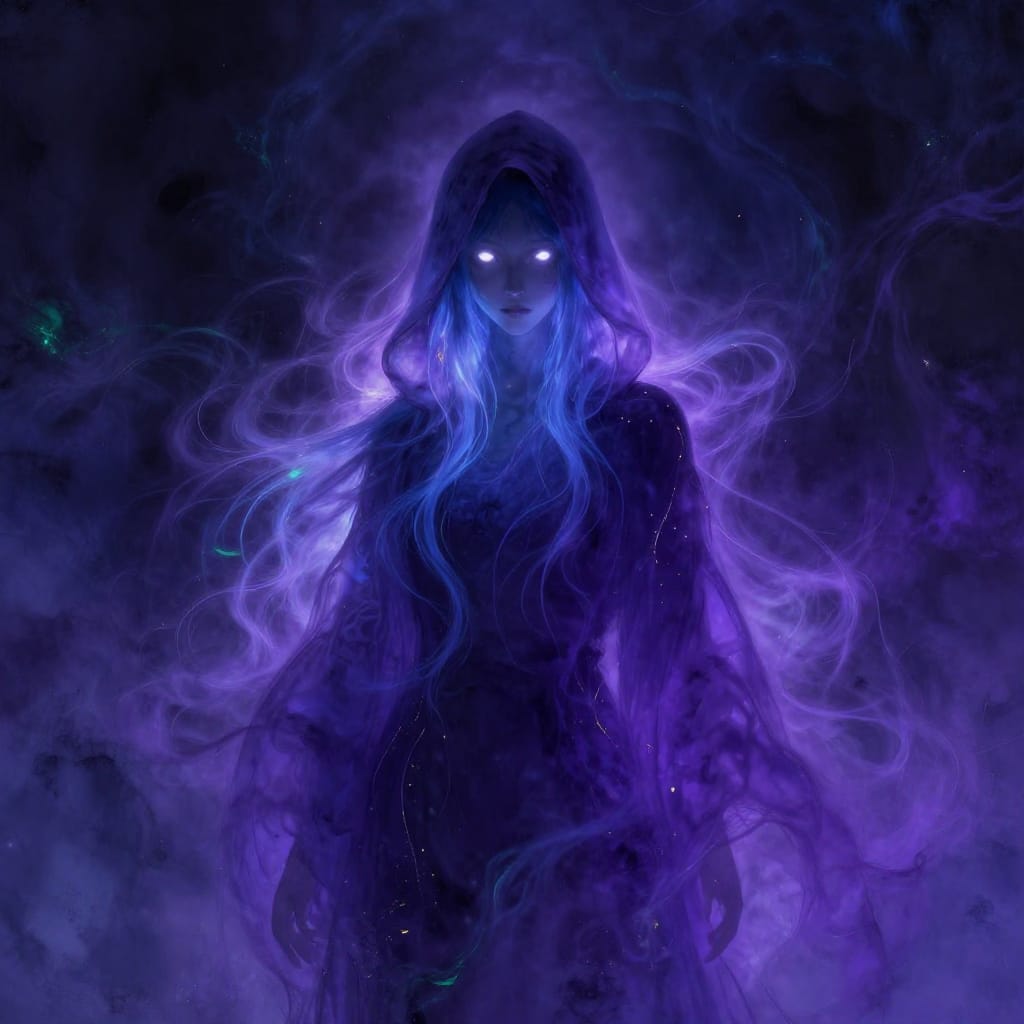 A hooded figure stands in the center of a vast digital canvas, its form shrouded in an ethereal blue and purple aura that swirls like living mist around it. The hood dissolves into a luminous, flowing aura of deep indigo and violet, glowing softly with inner light that reveals the figure’s face: two luminous white eyes that pierce the darkness like stars, framed by long, cascading hair that flows in delicate tendrils of light and shadow. The figure’s presence is both haunting and serene, its posture quiet yet commanding, as if suspended between worlds. The composition is balanced with the swirling auras framing the figure on either side, creating a sense of isolation and transcendence. Subtle moody lighting emanates from the glowing eyes and aura, casting soft highlights that define the contours of the figure while leaving deep shadows in its hood and hair. The color palette is rich with dark blues and purples as the primary tones, punctuated by delicate streaks of emerald green and golden yellow within the swirling auras, enhancing the sense of mystery and magic. The digital artwork features smooth, fluid brushwork that mimics watercolor washes, blending seamlessly into the soft gradients of the aura. The overall atmosphere is one of quiet enchantment, where every element—from the glowing eyes to the flowing hair—conveys a sense of wonder, solitude, and the infinite unknown.