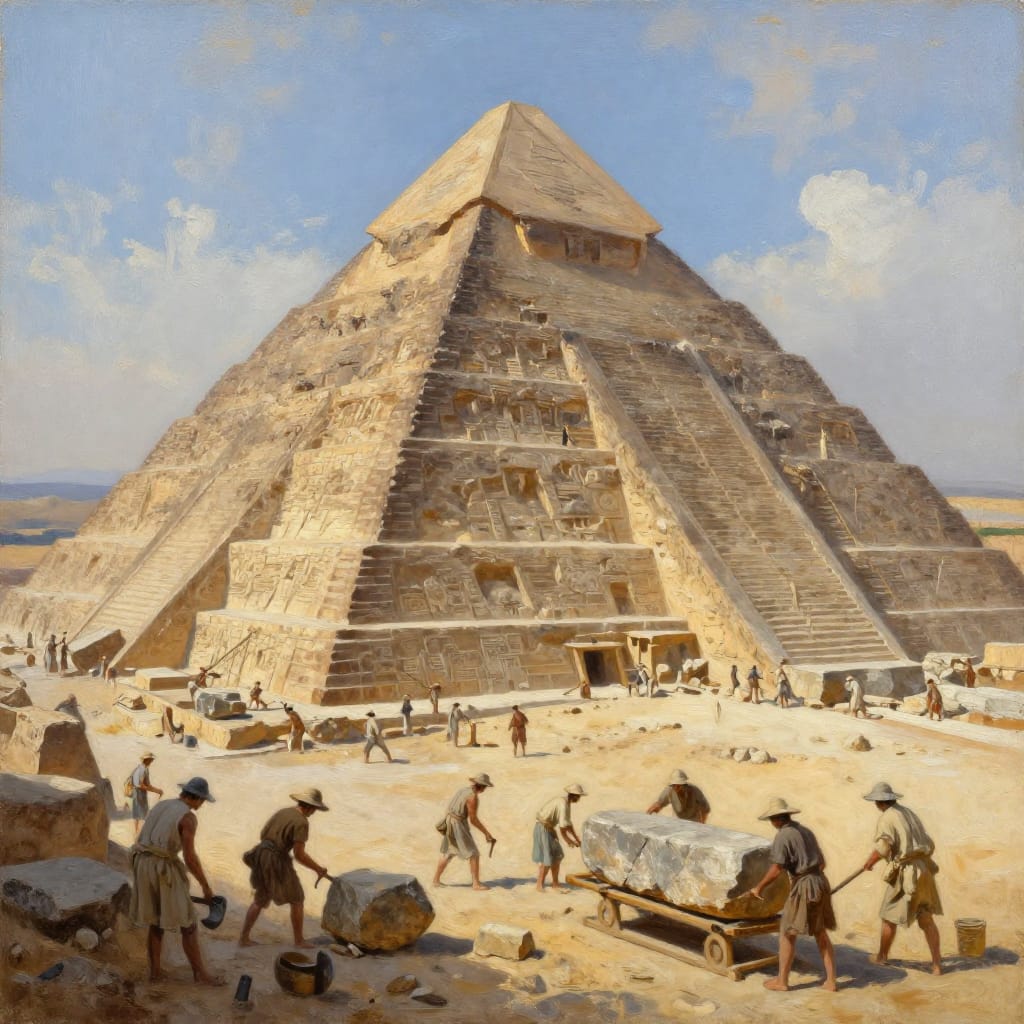 A meticulously detailed oil painting on canvas depicting the construction of a massive ancient pyramid. The scene is set against a clear sky with scattered clouds, emphasizing the grand scale of the structure and its surroundings. The pyramid stands as the central focus, its steps and layered limestone blocks visible in various stages of construction. Workers in traditional linen tunics and wide-brimmed hats are laboring with tools—hammers, chisels, and sledges—carrying massive stone slabs across the site. The brushwork is precise and textured, capturing the grain of the stone, the movement of labor, and the intricate geometric patterns of the pyramid’s facade. Composition is layered: the foreground features workers and their tools, while the midground reveals the pyramid’s steps and ongoing construction, with the background showing distant hills and a vast horizon under a soft sky. Natural daylight from the upper left casts soft shadows and highlights, creating a three-dimensional quality that enhances depth. The color palette is rich and earthy, dominated by warm ochres, browns, and grays of the stone, contrasted with cool blues of the sky and distant landscapes. The overall feeling is one of awe and historical narrative, evoking the monumental effort required in ancient construction projects and the enduring legacy of such grand works.