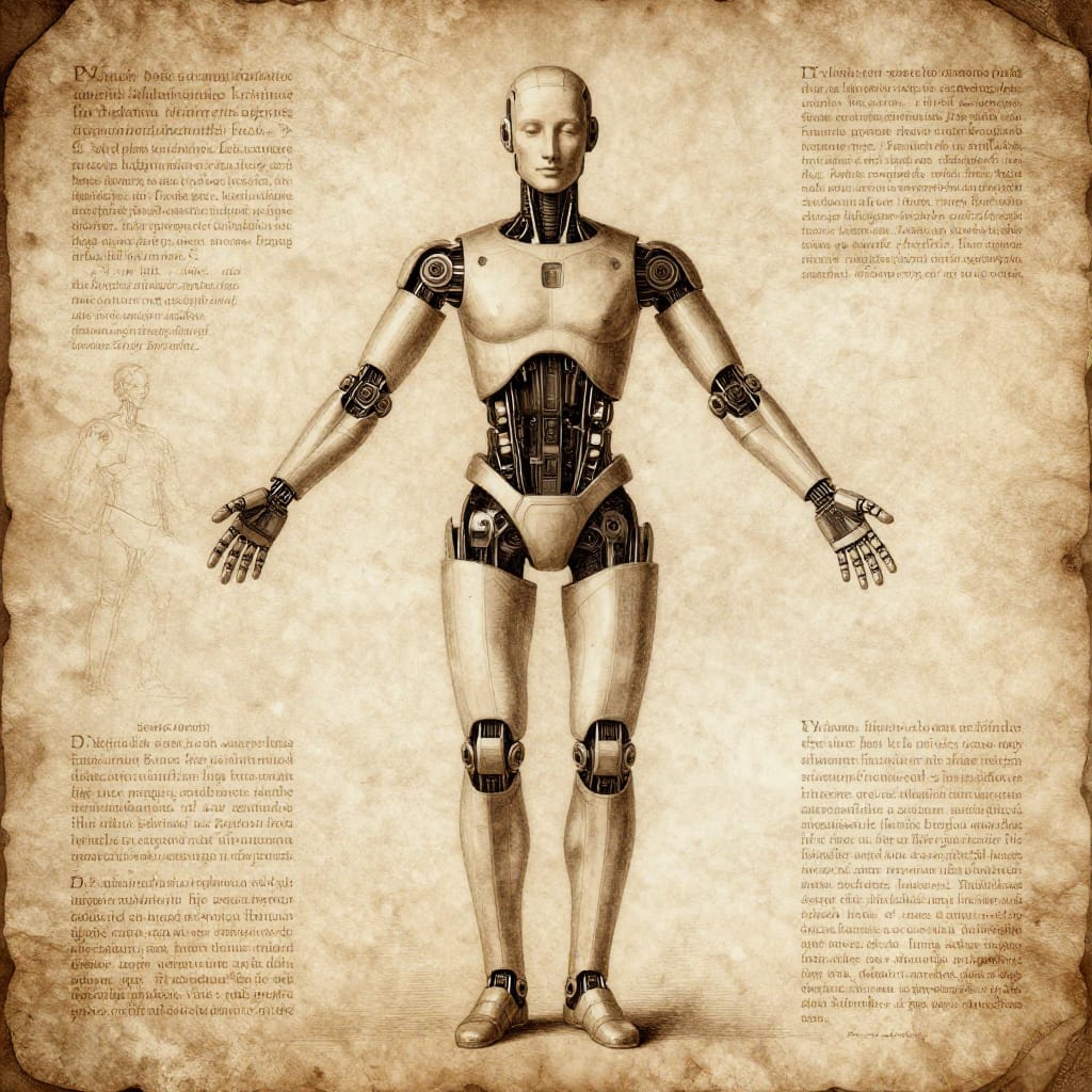 A futuristic reinterpretation of Leonardo da Vinci’s Vitruvian Man, where a humanoid robot stands in perfect anatomical symmetry, its mechanical limbs and advanced features blending classical form with technological precision. Rendered in an illustration style on aged parchment, the artwork captures the tactile depth of weathered paper through subtle texture and grain. The robot’s form is defined by precise lines and shading that give it a three-dimensional presence, while sepia tones and warm beige highlights infuse the scene with a timeless, almost ancient quality. Surrounding text in elegant Latin adds narrative depth, framing the robot as a bridge between human ingenuity and mechanical advancement. The composition centers the figure with balanced proportions, echoing da Vinci’s original study yet reimagined through a lens of futurism. Even lighting, reminiscent of Renaissance chiaroscuro, casts soft highlights on the robot’s metallic joints and fabric-like skin, creating a luminous yet grounded effect. The monochromatic palette, rich in sepia and beige, evokes a sense of mystery and timeless curiosity, as if the drawing holds secrets of both past and future. The fusion of Renaissance precision and futuristic design conveys a profound feeling of wonder—a celebration of human creativity meeting the promise of technological evolution.