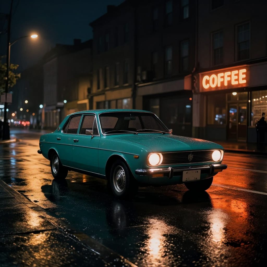 A photorealistic nighttime city street scene captured in a high-resolution photograph, featuring a classic 1970s teal-colored automobile parked centrally on a rain-slicked asphalt surface. The car’s sleek design reflects warm artificial streetlights and its own headlights, creating dynamic glows that ripple across the wet pavement. To the right, a bright 'COFFEE' sign stands out in vivid orange against a dark urban backdrop, its light casting subtle reflections on the pavement below. The composition balances the car’s bold presence with the soft blur of distant city buildings silhouetted against a deep, starless night sky. The lighting is cinematic, with a warm glow from streetlamps and car lights contrasting with the cool, muted tones of the night. The surface texture of the wet pavement is highly detailed, showing fine cracks and water droplets that catch and amplify the ambient light. The color palette is rich and layered: deep teal accents on the car’s body, cool indigo shadows in the buildings, and a warm amber cast from the streetlights. The overall atmosphere is mysterious and atmospheric, evoking a quiet urban solitude punctuated by the nostalgic glow of a vintage car in the night.