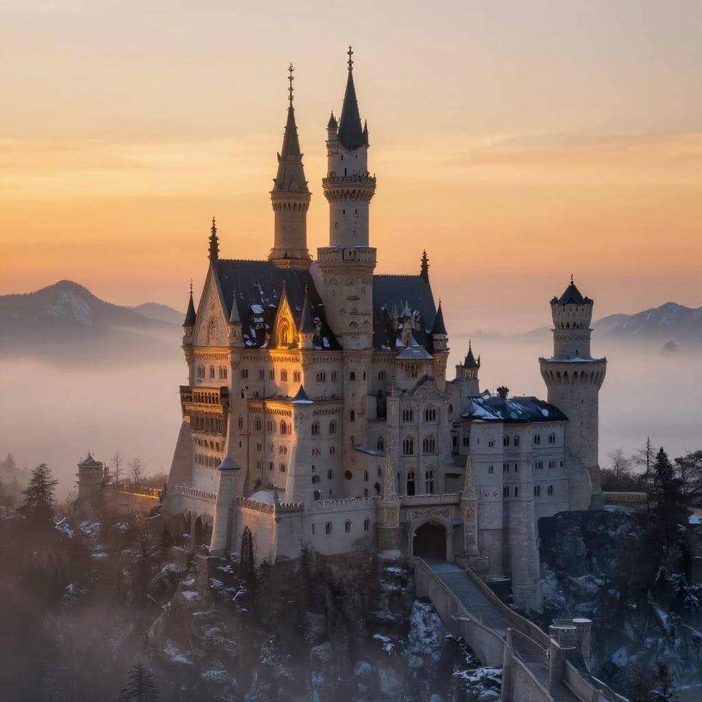 A majestic, fairytale-style castle perched atop a cliff rises against a mist-laden horizon during a radiant sunrise or sunset. The grand structure features multiple towers, pointed spires, and ornate turrets rendered with intricate architectural detail, their stone surfaces textured with subtle grain and weathered patina. Snow-dusted mountains dominate the background, their peaks softly blurred by a swirling veil of mist that enhances the scene’s ethereal isolation. The central tower glows with warm golden light from the low sun, casting long, soft shadows across the cliff face and illuminating the intricate stonework in delicate highlights. The atmosphere is serene and mystical, with a soft, diffused glow that bathes the landscape in a warm, tender light. The color palette consists of muted earth tones—ochre, slate gray, and pale stone—contrasted with vibrant golden yellows and oranges of the sunset sky. The digital rendering captures every architectural detail with hyper-realism, including the texture of the castle walls, the smoothness of the snow, and the subtle gradations in light across the landscape. The composition balances the grandeur of the castle with the vastness of the mountains and sky, creating a harmonious yet expansive visual narrative that evokes awe, peace, and timeless wonder.