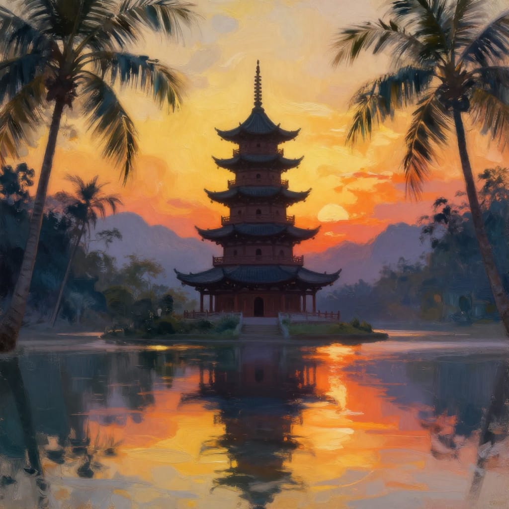 A serene digital art scene of a multi-tiered traditional pagoda standing on the edge of a tranquil body of water in a lush tropical setting, rendered on canvas with impressionistic brushwork. The artwork features smooth, flowing strokes that capture the soft light and gentle reflections of the setting sun, creating a luminous interplay between water and sky. The pagoda, with its tiered structure and ornate eaves, is centered in the frame, its dark silhouette contrasting against the golden-orange glow of the sky. The water below mirrors the pagoda and the vibrant sunset, creating a dreamy reflection that enhances the sense of depth. Surrounding the structure are dense palm trees with slender trunks and broad leaves, their silhouettes framed by soft, dappled light. The mountainous landscape recedes into the distance under a brilliant sunset sky, where warm yellows, oranges, and deep reds blend into a radiant horizon. The overall atmosphere is tranquil and peaceful, evoking a sense of calm beauty in a tropical paradise where architecture and nature harmonize under fading light of day.