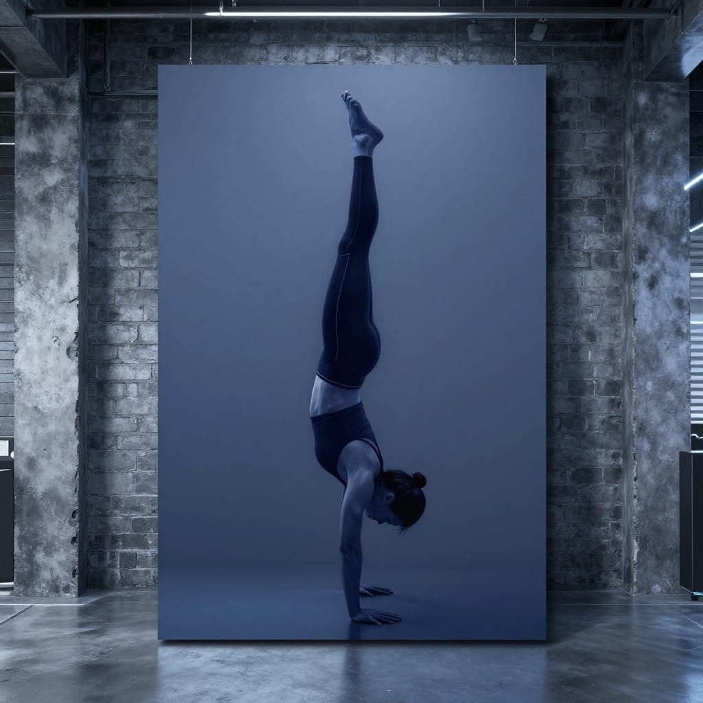 A person performs a handstand with one bent leg raised, captured in a crisp digital art rendering on canvas. The subject is centered vertically, framed by industrial exposed brick walls and a polished concrete floor that emphasize a modern, functional atmosphere. The individual wears dark athletic wear—likely black leggings and a sleeveless top—with sharp lines defining their focused stance. Artificial, evenly distributed lighting creates a clean, high-contrast illumination that highlights the subject’s form while casting subtle shadows on the walls. The color palette features cool tones of deep blue and gray, punctuated by a metallic sheen on equipment and a faint neon glow from overhead fixtures, enhancing the cyberpunk aesthetic. The composition uses sharp, geometric lines to define the subject’s posture and balance, with minimalistic background elements that draw the eye to the central figure. The digital rendering provides crisp edges and precise detail, with a subtle cyberpunk edge evident in the clean lines and reflective surfaces. The overall feeling is modern and intense, evoking strength, focus, and a sense of technological sophistication.