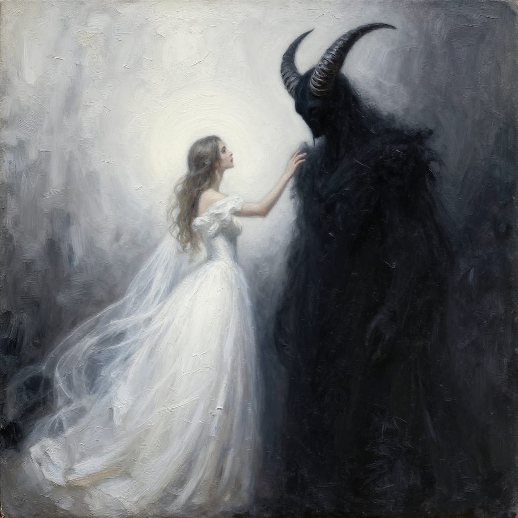 A surreal painting on textured canvas captures a woman in a flowing white gown reaching out toward a shadowy figure with prominent horns, creating an enigmatic interaction between light and darkness. The composition is centered, with the woman positioned on the left and the shadowy figure dominating the right, their forms framed by soft, diffused lighting that emanates from above. The brushwork is detailed and textured, with visible strokes emphasizing the delicate fabric of the gown and the intricate texture of the horns’ surface. The lighting casts a gentle glow around the woman’s figure, highlighting its white dress and creating soft shadows that contrast with the deep, inky form of the shadowy figure. The color palette is monochromatic, composed of shades of white, gray, and black, which amplify the mysterious atmosphere through stark contrast. The overall feeling evokes a sense of wonder and the unknown, as the interplay of light and shadow suggests hidden depths beneath the surface. The artwork’s surrealism is heightened by the juxtaposition of the ethereal woman and the enigmatic, horned figure, each embodying a distinct presence in a world where reality and fantasy blur. The texture of the canvas adds a tactile depth, while the layered brushwork creates a sense of depth and movement in the composition.