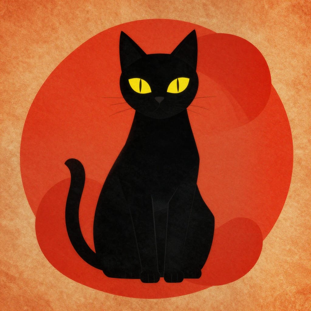 A stylized, abstract representation of a black cat rendered in minimalist illustration style on aged paper with a textured surface. The cat is depicted as a bold geometric silhouette defined by clean, sharp lines and simplified shapes that emphasize its angular silhouette against a vibrant red-orange background. The cat’s yellow eyes are large and prominent, creating a striking contrast against the dark black body and adding a mysterious, almost supernatural presence. The composition centers the cat within a dynamic field of large, circular red-orange shapes that radiate outward from its form, enhancing depth and movement. The surface of the paper exhibits a subtle grain and slight weathering, contributing to an aged, vintage aesthetic that adds to the artwork’s timeless quality. Lighting is even and flat, eliminating shadows or highlights to maintain a sense of flatness and simplicity. The color palette is limited to black, yellow, red, and orange, creating bold contrast and a vivid, high-impact visual experience. The overall feeling is one of quiet mystery and gentle unease, enhanced by the surreal juxtaposition of simple geometric forms and intense color saturation. The artwork’s minimalist approach, combined with its rich color contrast and textured surface, evokes a sense of timeless elegance and enigmatic charm.