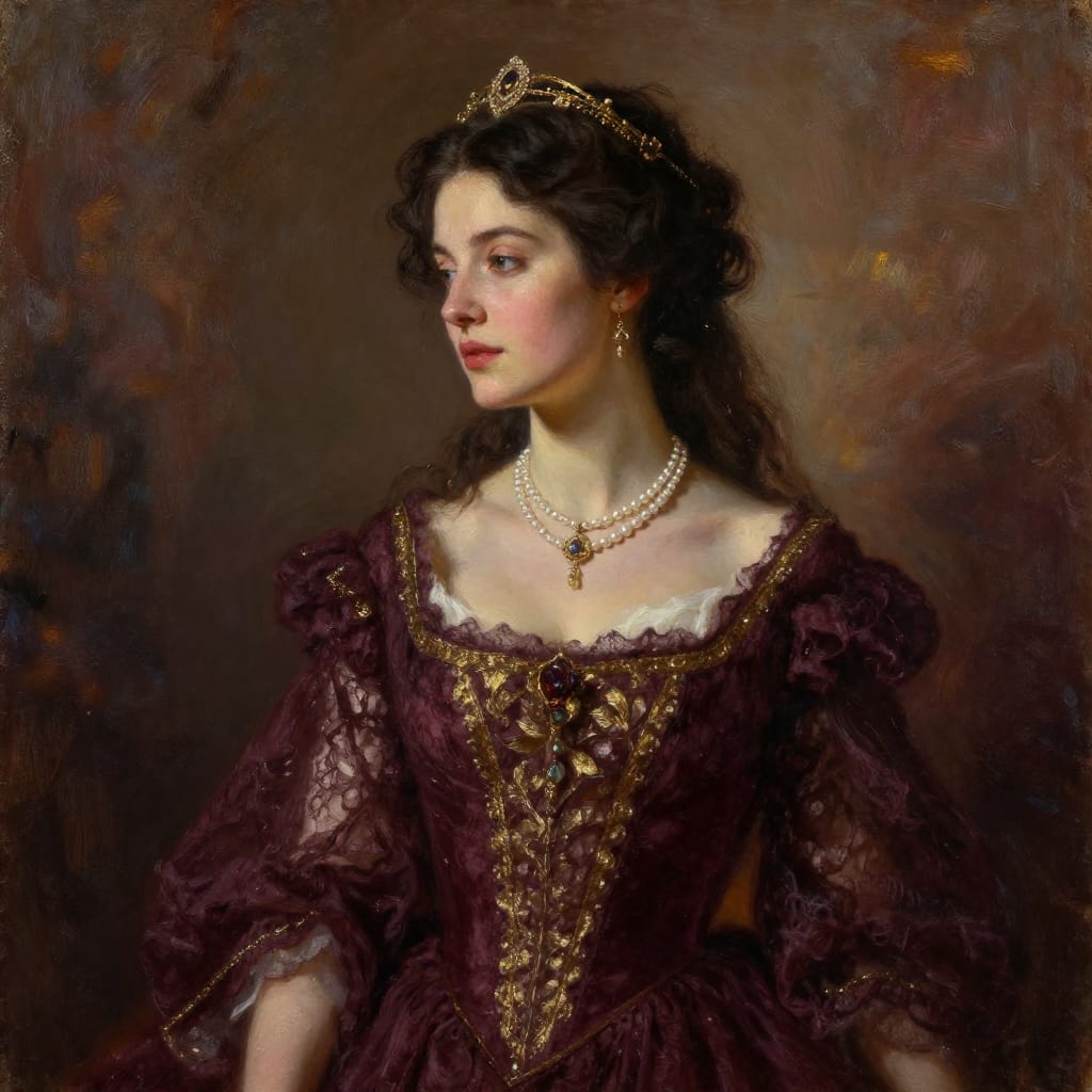 A richly detailed oil painting on textured canvas captures a woman with dark, flowing hair adorned with intricate jewelry and a delicate headpiece. The subject stands centrally, her gaze directed off to the side with a serene, contemplative expression that conveys quiet grace. Rendered in the Romanticism style, the scene is elevated by emotional depth and idealized beauty, where every detail—from the texture of her lace gown to the shimmer of her pearl necklace—is rendered with meticulous brushwork and expressive strokes. The artist employs a soft, directional light source from the left, casting gentle highlights across her face and clothing while creating subtle shadows that enhance dimensionality. The color palette is rich and warm, dominated by deep maroon, gold leaf accents, and earthy browns in her attire, with the background composed of muted earth tones that provide a harmonious contrast. The composition is balanced and elegant, with the subject’s figure dominating the frame while the softly blurred background emphasizes her as the focal point. The overall feeling is one of timeless elegance and sophisticated refinement, where the interplay of light, texture, and color evokes a sense of quiet beauty and enduring grace.