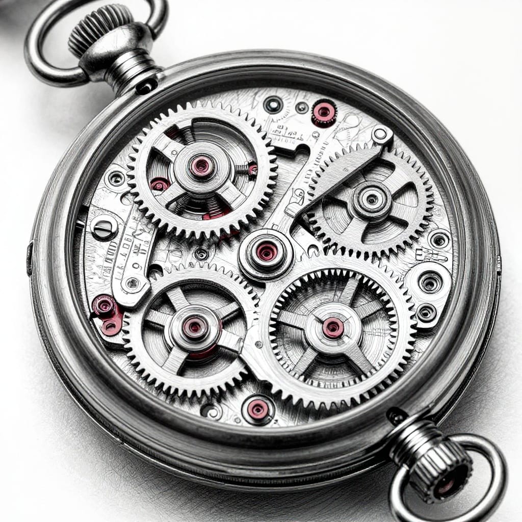 A meticulously detailed technical drawing of an antique pocket watch mechanism rendered in black and white with precise monochromatic lines that emphasize the intricate geometry of its gears, springs, and dials. The central focus is a complex network of interlocking gears and a circular dial featuring fine text referencing historical patents and technical specifications. The composition centers the watch's core mechanism, with surrounding elements including a leather strap, a brass case, and subtle embossed details that highlight craftsmanship. Even lighting eliminates harsh shadows, ensuring every component is sharply defined and free of distortion. The color palette is monochromatic, dominated by deep blacks and grays, punctuated by rich red accents on specific gears and dials to draw the eye to key mechanical features. The brushwork is clean and geometrically precise, with no visible texture or imperfection, reflecting the high standard of technical illustration. The overall feeling is one of timeless precision and mechanical elegance, evoking a sense of historical craftsmanship and intellectual curiosity through its exacting depiction of mechanical beauty.