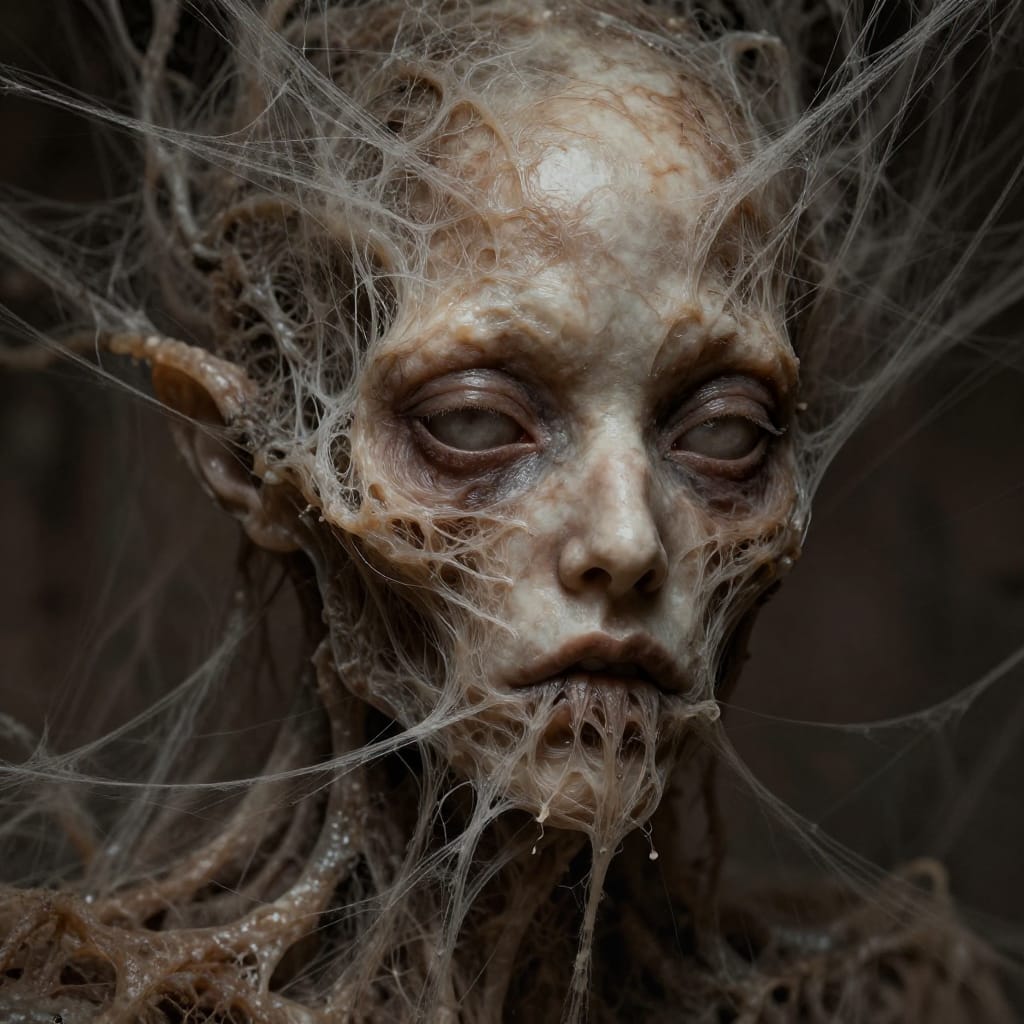 A close-up of a humanoid face entwined with organic spiderweb-like tendrils, rendered in a dark fantasy, surrealistic style with eerie, unsettling imagery. The subject features a pale, lifeless complexion with a faint sheen of moisture, wide vacant eyes that seem to gaze into the unknown, and an open mouth revealing delicate tendrils that weave through its features like living lace. The tendrils are made of a translucent, fibrous material resembling spider silk, with fine, intricate patterns that blend seamlessly with the skin’s texture. The face is centered in a tight composition, surrounded by a dense network of tendrils that stretch upward and outward, creating an organic, almost alien entanglement. The surface appears rough and decaying, with a subtle grain that suggests weathered organic matter, enhanced by a tactile, lifelike quality achieved through digital manipulation or photographically captured textures. Lighting is soft and dim, casting long shadows that emphasize the textures and depths of the face and tendrils. The color palette is muted, dominated by sepia, ash, and deep earth tones, with faint hints of ochre and charcoal that enhance the sense of decay and mystery. The artwork is created digitally or photographically, with textures manipulated to achieve a tactile, lifelike quality. The overall feeling is one of quiet unease, where beauty and terror coexist in a haunting, otherworldly tableau.