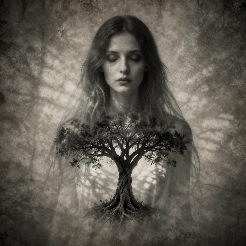 A close-up portrait of a ghostly woman’s figure, centered in the frame using the rule of thirds, with a detailed tree emerging from her chest as a symbolic fusion of human and nature. The figure is translucent and ethereal, rendered in striking black and white with subtle gray tones that evoke timeless stillness and haunting beauty. A weathered, textured surface—perhaps aged paper or stone—forms the background, adding depth and a sense of forgotten history. Low-key lighting creates soft, moody shadows that enhance the scene’s introspective mood, with natural light filtering through to cast delicate patterns on the figure and tree. The wide-angle lens captures the full scope of the composition without distortion while maintaining sharp focus on the central elements. Motion is absent, emphasizing stillness and quiet contemplation. The scene evokes a sense of mystery, profound introspection, and quiet transformation, where the merging of life and nature becomes a symbol of enduring presence and timeless beauty.