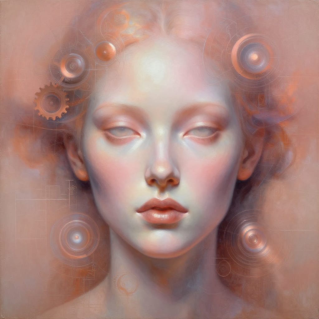 A surreal, abstract depiction of a woman’s face rendered in soft pastel hues with subtle metallic undertones, executed on a smooth canvas surface. The artwork features fine brushwork that creates intricate textures—delicate gradients of blush pinks and warm saffron tones merge with faint metallic sheen in silver and copper, producing a luminous interplay between organic form and industrial abstraction. The composition centers the face in perfect symmetry, yet surrounds it with abstract shapes: schematics of gears, fractal patterns, and luminous circular orbs that extend into the foreground and background, creating layered depth and dynamic movement. Subtle, diffused lighting from above casts a gentle glow across the face, enhancing its ethereal quality and highlighting the delicate interplay between flesh and metal. The pastel palette features soft pinks, warm oranges, and earthy browns, with metallic accents in silver and copper adding a touch of industrial sophistication. The subject’s expression is soft and introspective, her eyes luminous and her features subtly transformed by the fusion of human grace and mechanical abstraction. The overall atmosphere is one of quiet mystery and profound introspection, inviting the viewer to wander between the familiar and the unknown, the tangible and the imagined.