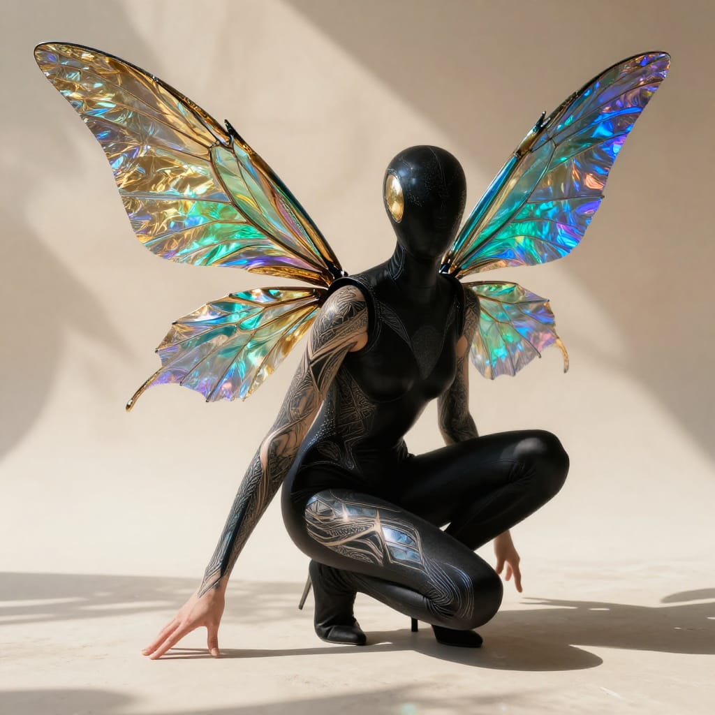 A hyper-realistic portrait of a human subject in a futuristic black bodysuit rendered in photography with meticulous detail. The subject crouches dynamically, one hand extended forward, their body illuminated by natural side light that casts deep shadows across the figure and highlights the reflective surfaces of the iridescent wing-like structures. These wings, composed of multiple facets, shimmer with a spectrum of colors—gold, emerald, sapphire, and violet—creating a crystalline, holographic effect that catches the light. The subject’s arms and thighs bear intricate tattoos: geometric patterns interwoven with organic motifs, each line and color gradient precisely detailed to convey both artistry and technological fusion. The background is a plain, light beige surface with subtle tonal variations and soft shadows, enhancing depth without distraction. The composition centers the figure symmetrically, with the wings extending from the back like a celestial exoskeleton. Lighting is directional and natural, creating a three-dimensional glow that emphasizes texture, form, and the interplay of light and shadow. The color palette is defined by the deep black of the bodysuit, the vibrant iridescence of the wings (gold, emerald, sapphire, violet), and the warm natural tones of the subject’s skin. The overall atmosphere is ethereal and futuristic, evoking a sense of wonder through a fusion of hyper-realism and fantasy, where technology and biology merge in a single breathtaking moment.