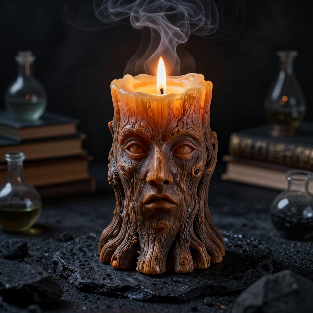 A hyperrealistic tree-like candle with a carved wooden face, its open mouth revealing a soft, expressive gaze and deep-set eyes that seem to watch the viewer. The candle’s body is crafted from intricate candle wax and carved wood, with bark-like texture detailed by visible veins, knots, and subtle grain patterns. From its top, thick, realistic smoke swirls in soft, turbulent motion, casting delicate shadows across the dark, rocky surface below. The scene is set on a textured obsidian stone, where books and glass potion bottles are arranged in layered depth, their surfaces reflecting faint glows from other candles. Soft ambient light emanates from the candle’s warm, golden wax, creating a dramatic interplay of light and shadow that enhances the sense of mystery. The color palette is dominated by deep blacks, charcoal grays, and obsidian tones, contrasted with the luminous golden glow of the candle’s core and the subtle amber highlights on the wooden carvings. The overall atmosphere is enchanting yet slightly unsettling—whispered magic, quiet dread, and a sense of hidden lore that lingers in the air. This detailed illustration combines hyperrealism with symbolic depth, capturing both the tactile warmth of aged wood and the ethereal mystery of a living flame.