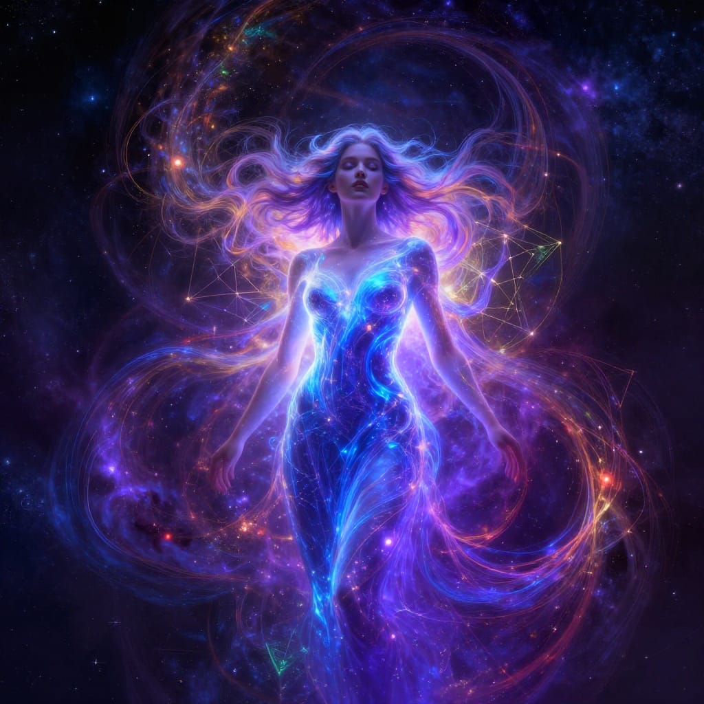 A woman with flowing, luminous hair stands at the center of a cosmic expanse, her form rendered in vivid digital art with intricate detail. Her body glows with radiant blue and purple hues, her hair composed of shimmering light strands that intertwine with swirling energy patterns and geometric fractals. The background is a vast, star-studded nebula bathed in deep indigo and violet, punctuated by luminous clusters of stars and faint luminous filaments that pulse with cosmic energy. The composition is dynamic, with her body and hair forming a fluid, flowing arc that draws the eye across the image, enhanced by overlapping geometric patterns that radiate from her shoulders like celestial constellations. Lighting is dramatic and multifaceted: the woman emits a soft, inner radiance that blends with the ambient light of distant stars and nebular glow. The color palette is a vibrant fusion of deep blues, rich purples, warm golds, fiery reds, and luminous greens, creating a sense of energy and movement. The brushwork is highly detailed, with subtle gradients and light refractions that emphasize depth and dimensionality. The overall feeling is one of awe-inspiring wonder and mystical power, where the figure’s ethereal beauty merges seamlessly with the infinite cosmos, evoking a sense of cosmic wonder and timeless magic.
