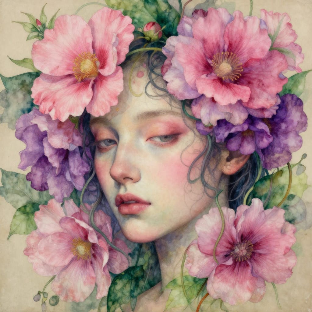 A surreal mixed media artwork where a person’s face is partially obscured by a vibrant floral arrangement of large pink and purple blooms, their soft petals and delicate veins rendered in exquisite detail through watercolor washes and ink linework. The face, centered with gentle realism, features subtle skin textures and an serene, contemplative expression, its features softly framed by the organic forms of the flowers that curve around the head and neck like living tendrils. The composition balances human geometry with floral asymmetry, creating a harmonious yet dreamlike contrast. Soft, even lighting bathes the scene in gentle warmth, highlighting the textures of both skin and foliage without harsh shadows. The color palette bursts with vivid pinks, deep purples, lush greens, and the natural warmth of the face, all merging to evoke a peaceful, ethereal atmosphere. The fusion of human and nature elements feels alive and harmonious, capturing a moment of quiet connection between the body and the blooming world.