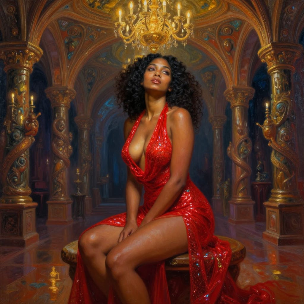 A high-angle oil painting in the richly textured style of Zdzisław Beksiński, a master of surreal architecture and dark fantasy. The subject is a 25-year-old Fijian woman with curvaceous, feminine anatomy: ample hips, a gracefully tapered waist, full breasts with strong cleavage, and soft skin that glows under warm light. Her loose curly Afro frames wide, expressive eyes that capture both innocence and mystery. She wears a vibrant red luminous mesh halter dress, its shimmering fabric catching the chandelier’s glow in iridescent highlights. The dress features a backless design with a plunging cowl neckline that reveals sideboob and upper thigh, while a delicate slit on the side exposes the lower thigh. She sits on a weathered wooden stool, one leg bent and the other extended, her hands placed between her legs in a moment of quiet intimacy. The setting is a vintage ballroom with towering, impossible architecture—arched ceilings, spiraling columns, and floating sculptures—where a massive chandelier casts warm, golden light that reflects off the textured walls and illuminates the scene with dramatic depth. The atmosphere is elegantly eerie: a fusion of timeless beauty and surreal mystery, where every detail—from the flicker of candlelight to the subtle texture of the fabric—conveys a sense of quiet wonder and dark fantasy. The overall feeling is one of transcendent grace, where nature meets artifice in a dreamlike tableau.