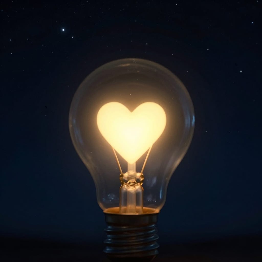 Close-up image of a large light bulb against a starry night sky, symbolizing warmth and hope in a vast, silent universe. The bulb, positioned slightly off-center to emphasize its importance within the rule of thirds composition, is the central subject with a glowing yellow heart inside its glass body. The heart emits a radiant, warm light that contrasts sharply with the cool, dark background of the night sky. The stars in the background are small, bright white dots scattered across the frame, creating a sense of depth and infinite space. The lighting is dimly ambient, with the artificial glow of the bulb as the primary source of illumination, while the stars contribute to the overall atmospheric tone. The lens used is wide-angle, capturing both the expansive darkness beyond the bulb and its prominent presence in the composition. The atmosphere is serene and contemplative, with a quiet stillness that underscores the solitude of the universe. The color palette features cool tones of deep blue and black against the warm yellow of the heart, creating a powerful visual contrast. The overall feeling is one of quiet contemplation and hopeful warmth, where a single glowing heart becomes a beacon of love and light amidst the vastness of space.
