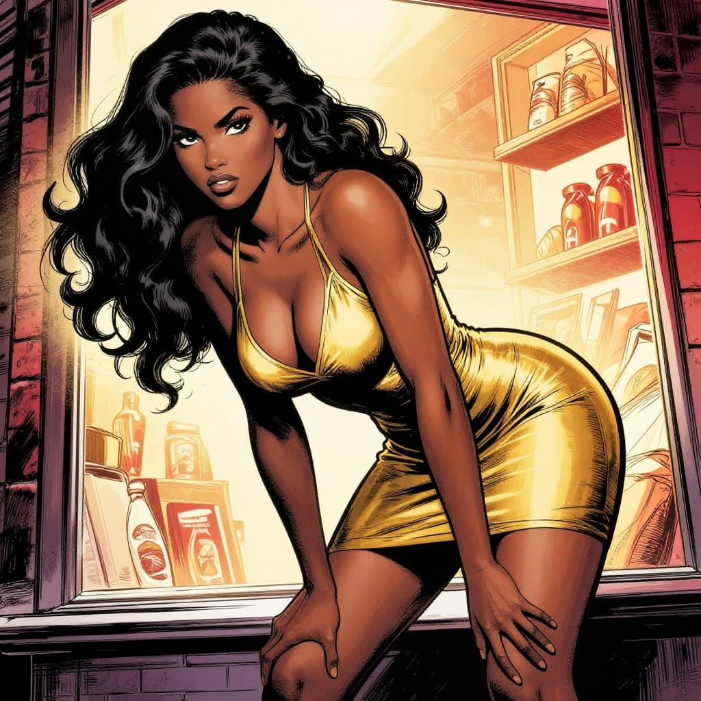 Depict a 25-year-old Cape Verdean woman in a dynamic Dutch Angle/Tilt pose, her athletic body sculpted with a slim waist, toned shoulders and arms, curvy hips, and an extremely large bust with strong cleavage. Her long, flowing waves of black hair cascade over her shoulders, framed by crescent-shaped eyes that glow with intensity. She wears a gold halterneck stripe mini dress backless, featuring a plunging cowl neckline that reveals her sideboob and upper thigh. The composition places her bent over at the waist, hands on knees, against a storefront window display. Rendered in black ink with frenetic lines and high contrast, the comic book style emphasizes bold outlines, exaggerated motion, and dramatic chiaroscuro lighting. The background is a warm, textured storefront with brick walls and glowing product shelves, creating a vibrant, urban setting. The color palette features rich gold, deep red, and striking black against soft white highlights, evoking a sense of energy, confidence, and cultural pride.