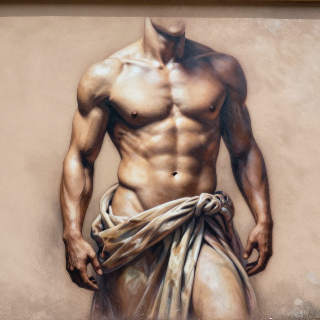 A large-scale mural created using spray paint or similar medium on a textured wall, capturing a muscular, shirtless man with a draped cloth around his waist. Rendered in classical realism with a modern twist, the figure exhibits lifelike anatomical precision, every muscle defined with tactile depth through layered spray application. One arm rests relaxed at his side, the other slightly bent, creating dynamic balance and movement. The draped cloth, rendered with meticulous texture and subtle folds, adds narrative depth and a sense of modesty, its fabric caught in soft light that enhances its organic flow. The composition is centered yet slightly off-center, drawing the viewer into the figure’s powerful presence. Natural lighting from an implied sun casts soft, directional shadows that emphasize the three-dimensional form, highlighting the interplay of light and volume. The muted color palette features earthy browns, warm tans, and subtle hints of color in the draping, creating a harmonious, timeless feel. The modern execution of classical techniques—sharp focus on form, layered textures, and intentional brushwork—gives the piece a contemporary edge while preserving its enduring aesthetic. The overall atmosphere is one of timeless strength and classical beauty, with a palpable energy that speaks to both physicality and narrative depth, evoking a sense of powerful presence frozen in time.