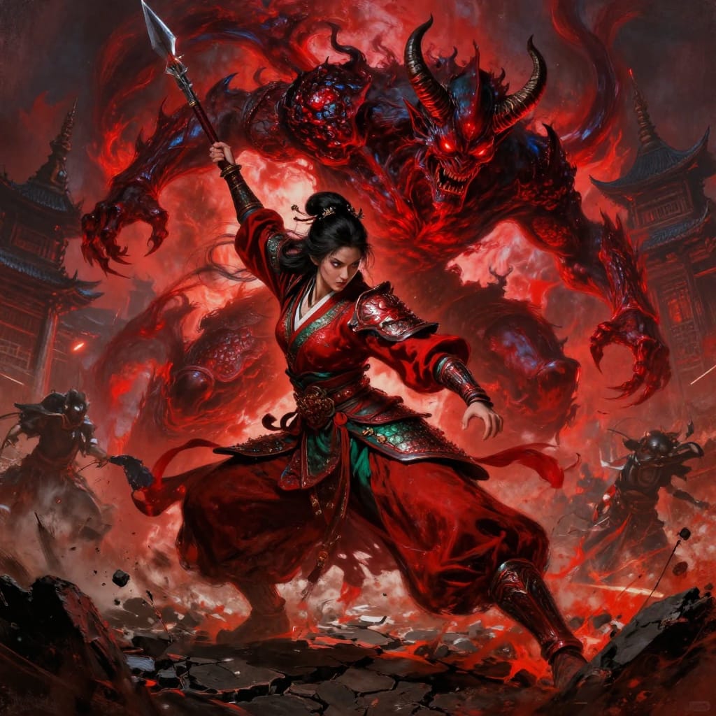 A dramatic battle scene rendered in vivid digital painting on canvas, capturing a fierce clash between a monstrous demon-like creature and a resolute female warrior in traditional East Asian armor. The demon, with jagged horns, glowing red eyes, and scales shimmering under dynamic lighting, hovers mid-air above the warrior, who stands firm on cracked earth with her spear raised high. Her traditional silk armor glows in deep crimson and jade green, contrasting with the demon’s fiery red and obsidian features. The composition places the warrior in the foreground, her determined expression etched in determination, while the demon dominates the midground, suspended in mid-strike. Behind them, traditional pagoda-style architecture rises in soft focus, punctuated by scattered debris and distant battle figures. The lighting is intense and directional, with a sharp highlight on the warrior’s armor and the demon’s glowing eyes, casting dramatic shadows that enhance depth and motion. The color palette features vibrant reds, deep blues, and earthy browns, creating a high-contrast, action-driven visual rhythm. The brushwork is detailed and dynamic, with expressive strokes conveying speed and intensity, while the composition balances tension and scale to evoke a thrilling moment of conflict in a richly textured East Asian setting.